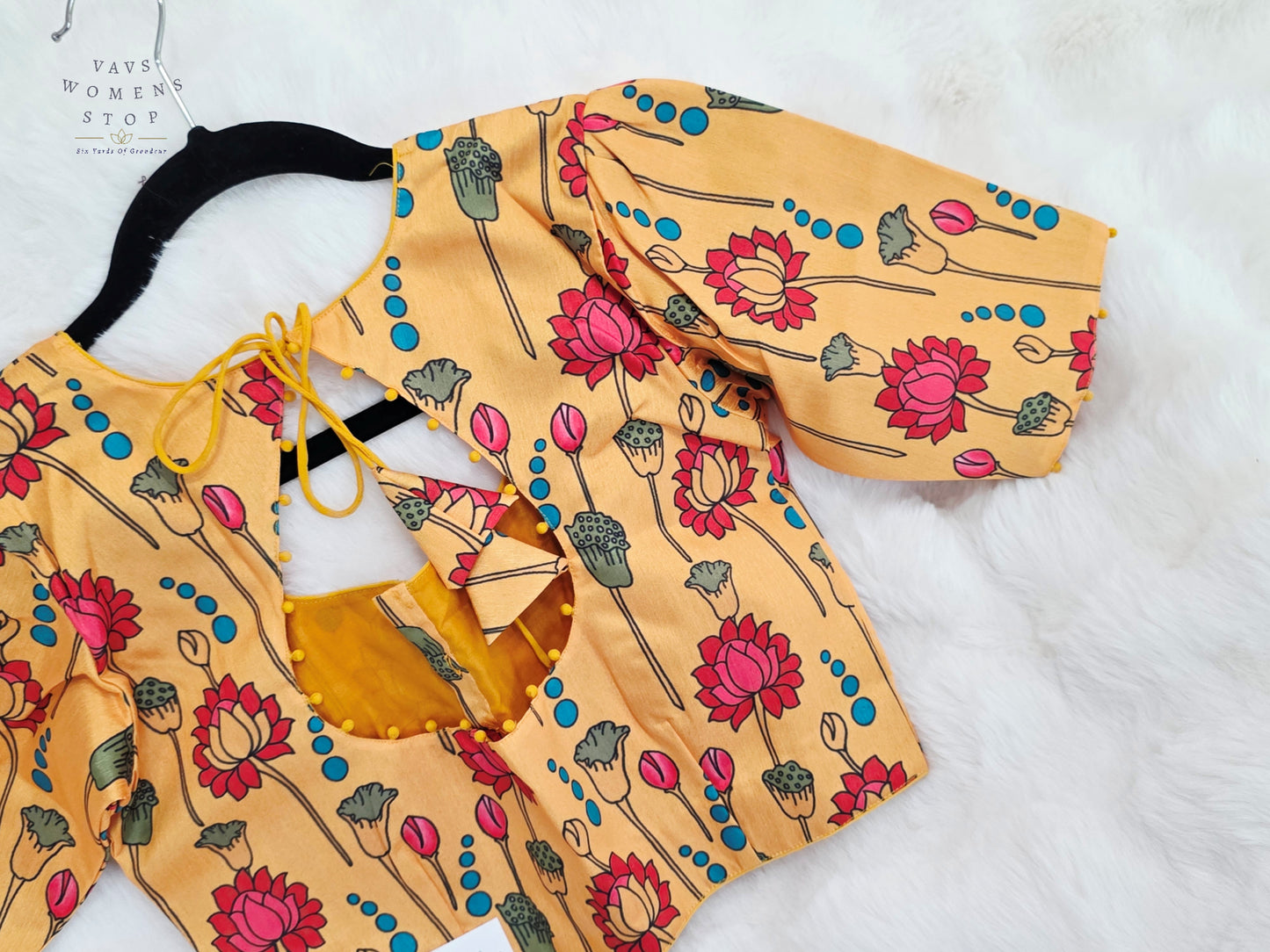 Golden Marigold Yellow Tussar Rawsilk Kalamkari Lotus Print Designer Stitched Blouse