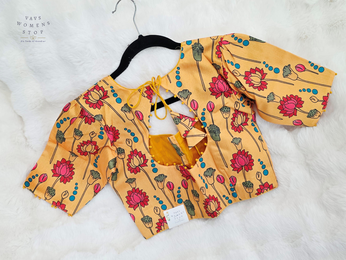 Golden Marigold Yellow Tussar Rawsilk Kalamkari Lotus Print Designer Stitched Blouse