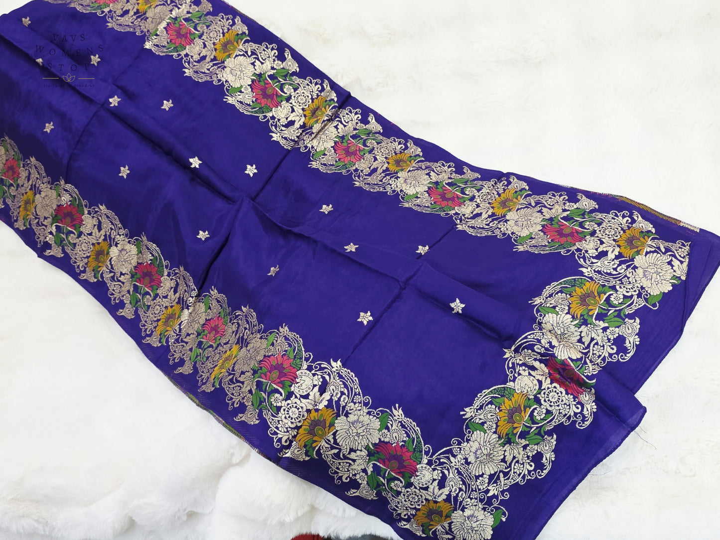 Royal Imperial Violet Munga Benarasi Silk Dupatta with Multicolor Floral Woven Border | Premium Ethnic Dupatta