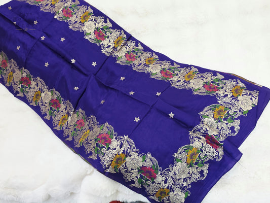 Royal Imperial Violet Munga Benarasi Silk Dupatta with Multicolor Floral Woven Border | Premium Ethnic Dupatta