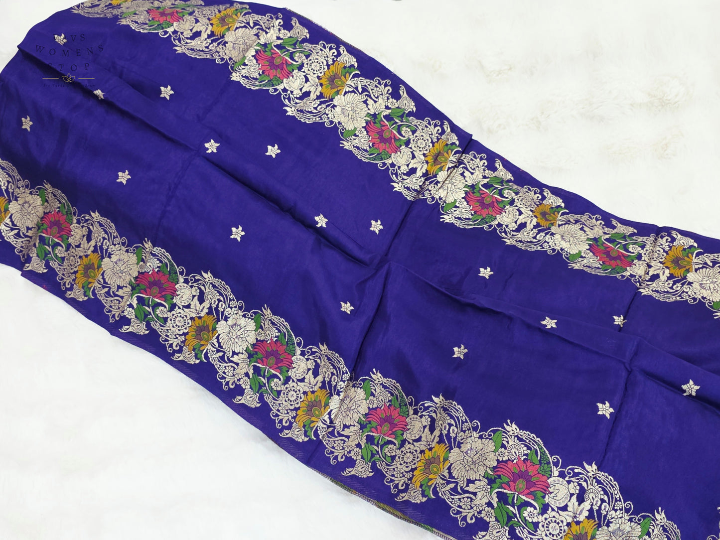 Royal Imperial Violet Munga Benarasi Silk Dupatta with Multicolor Floral Woven Border | Premium Ethnic Dupatta