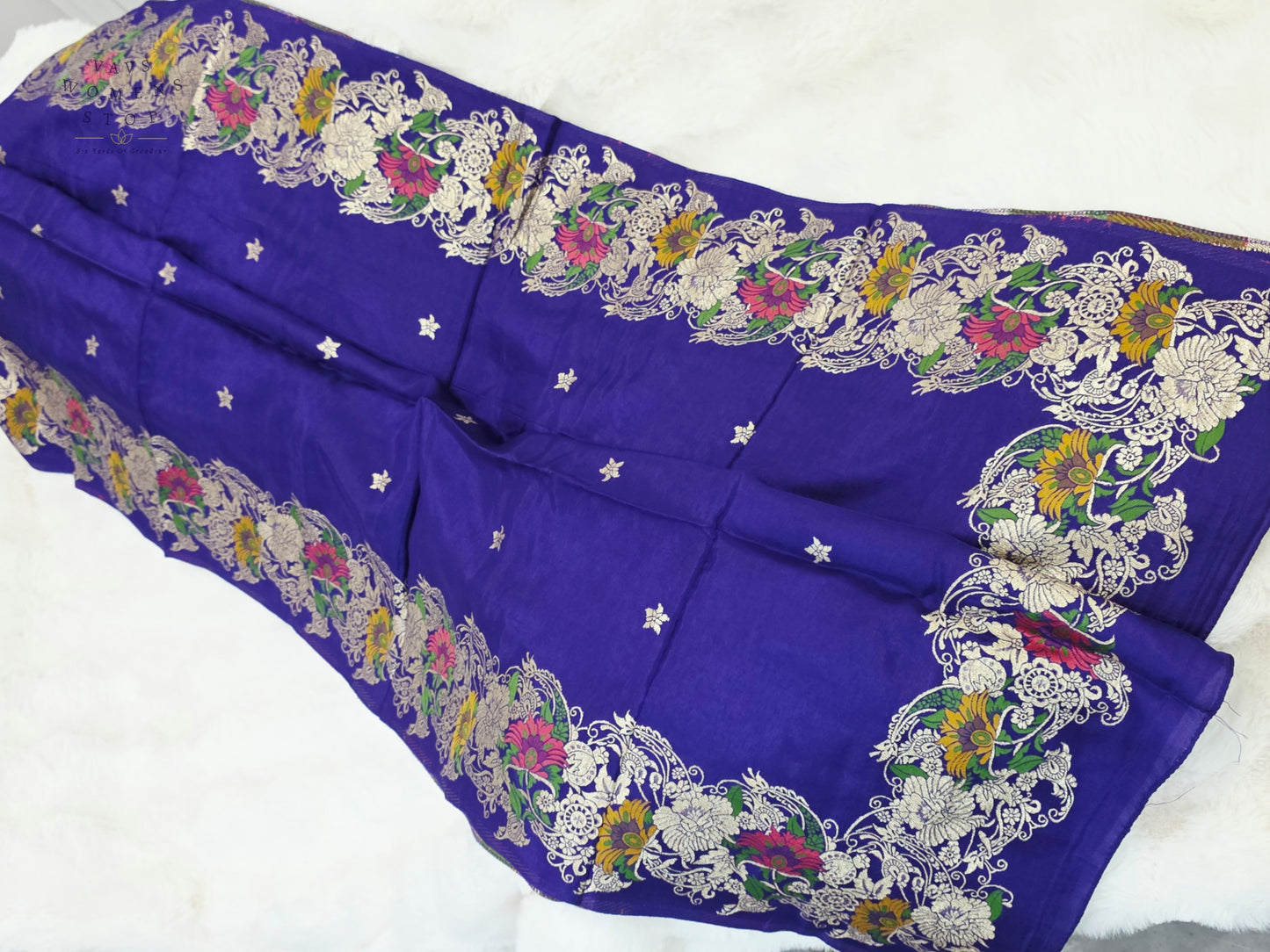 Royal Imperial Violet Munga Benarasi Silk Dupatta with Multicolor Floral Woven Border | Premium Ethnic Dupatta