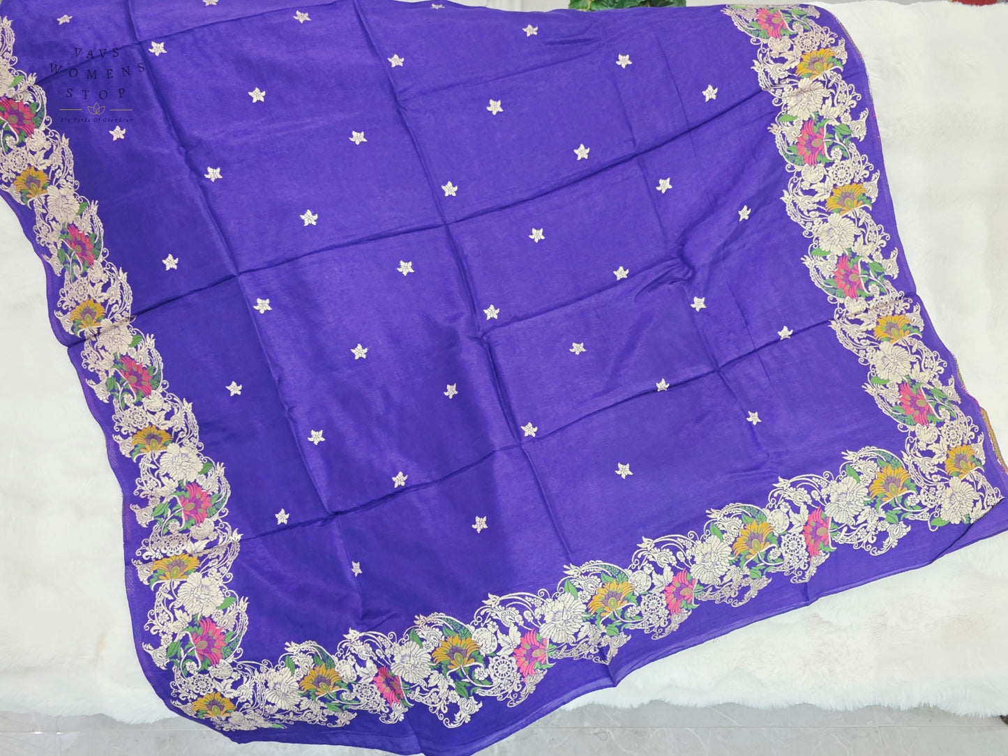 Royal Imperial Violet Munga Benarasi Silk Dupatta with Multicolor Floral Woven Border | Premium Ethnic Dupatta