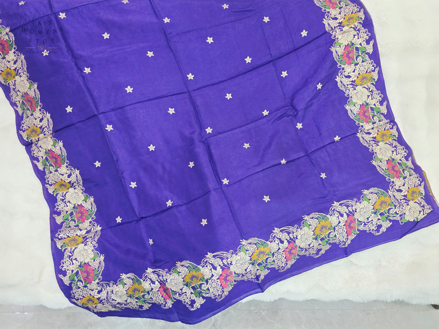 Royal Imperial Violet Munga Benarasi Silk Dupatta with Multicolor Floral Woven Border | Premium Ethnic Dupatta