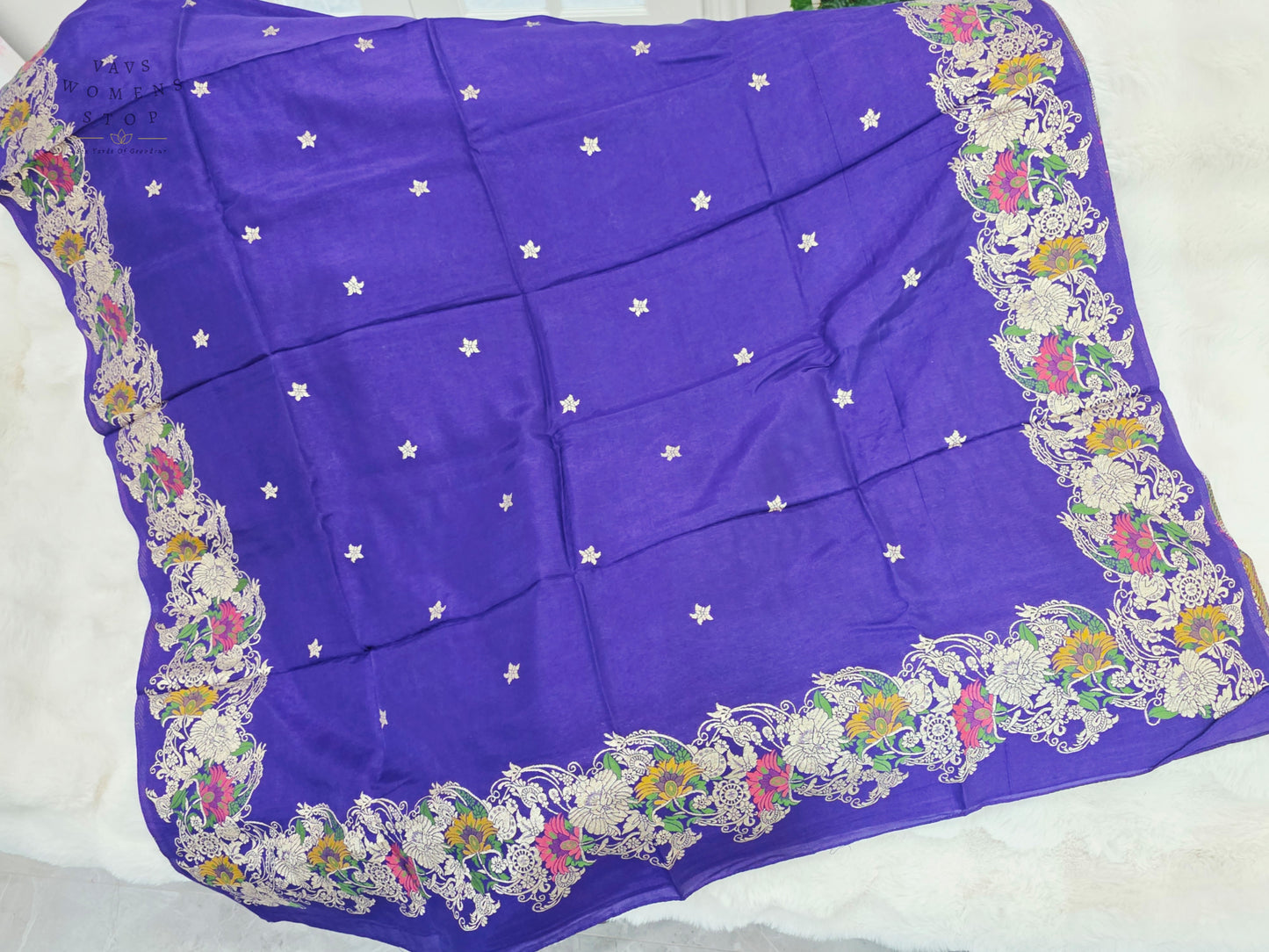Royal Imperial Violet Munga Benarasi Silk Dupatta with Multicolor Floral Woven Border | Premium Ethnic Dupatta
