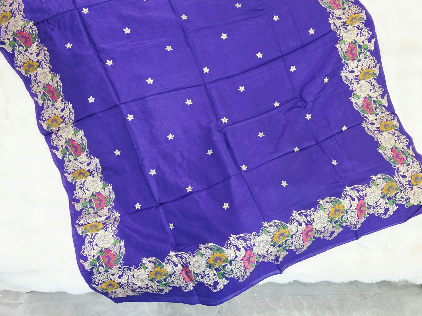 Royal Imperial Violet Munga Benarasi Silk Dupatta with Multicolor Floral Woven Border | Premium Ethnic Dupatta