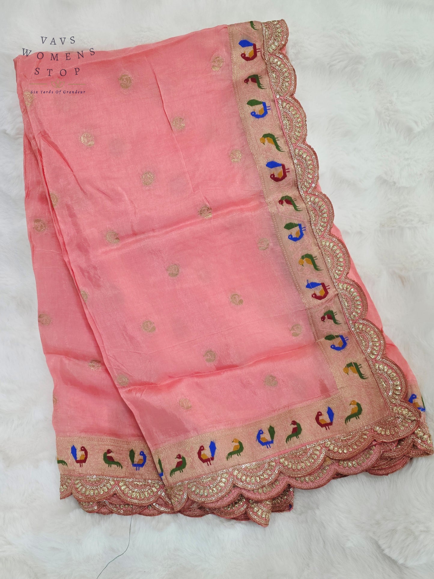 Royal Blush Peach Munga Benarasi Silk Dupatta with Paithani Bird Border & Designer Cutwork Lace | Premium Ethnic Dupatta