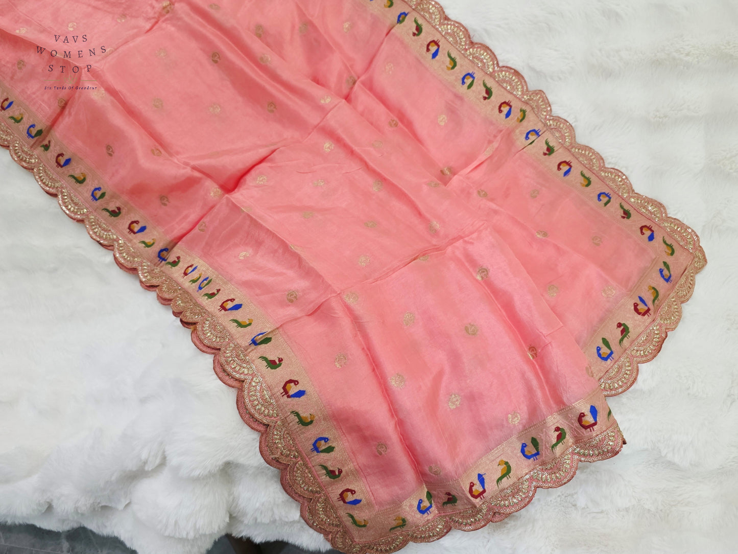 Royal Blush Peach Munga Benarasi Silk Dupatta with Paithani Bird Border & Designer Cutwork Lace | Premium Ethnic Dupatta