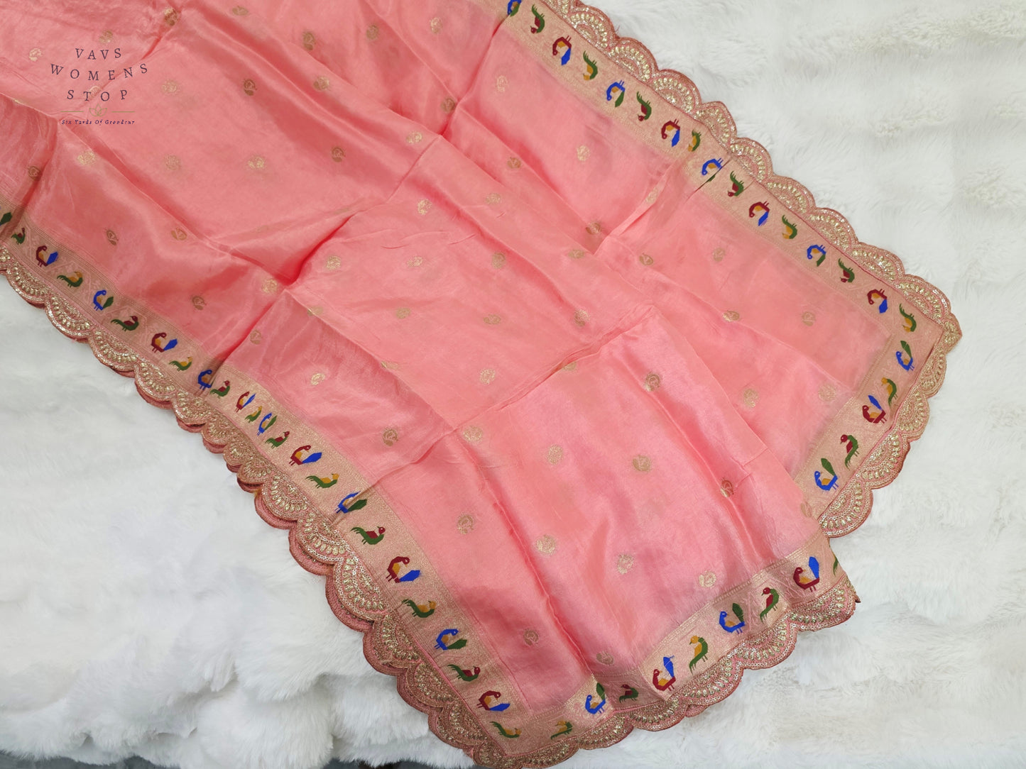 Royal Blush Peach Munga Benarasi Silk Dupatta with Paithani Bird Border & Designer Cutwork Lace | Premium Ethnic Dupatta