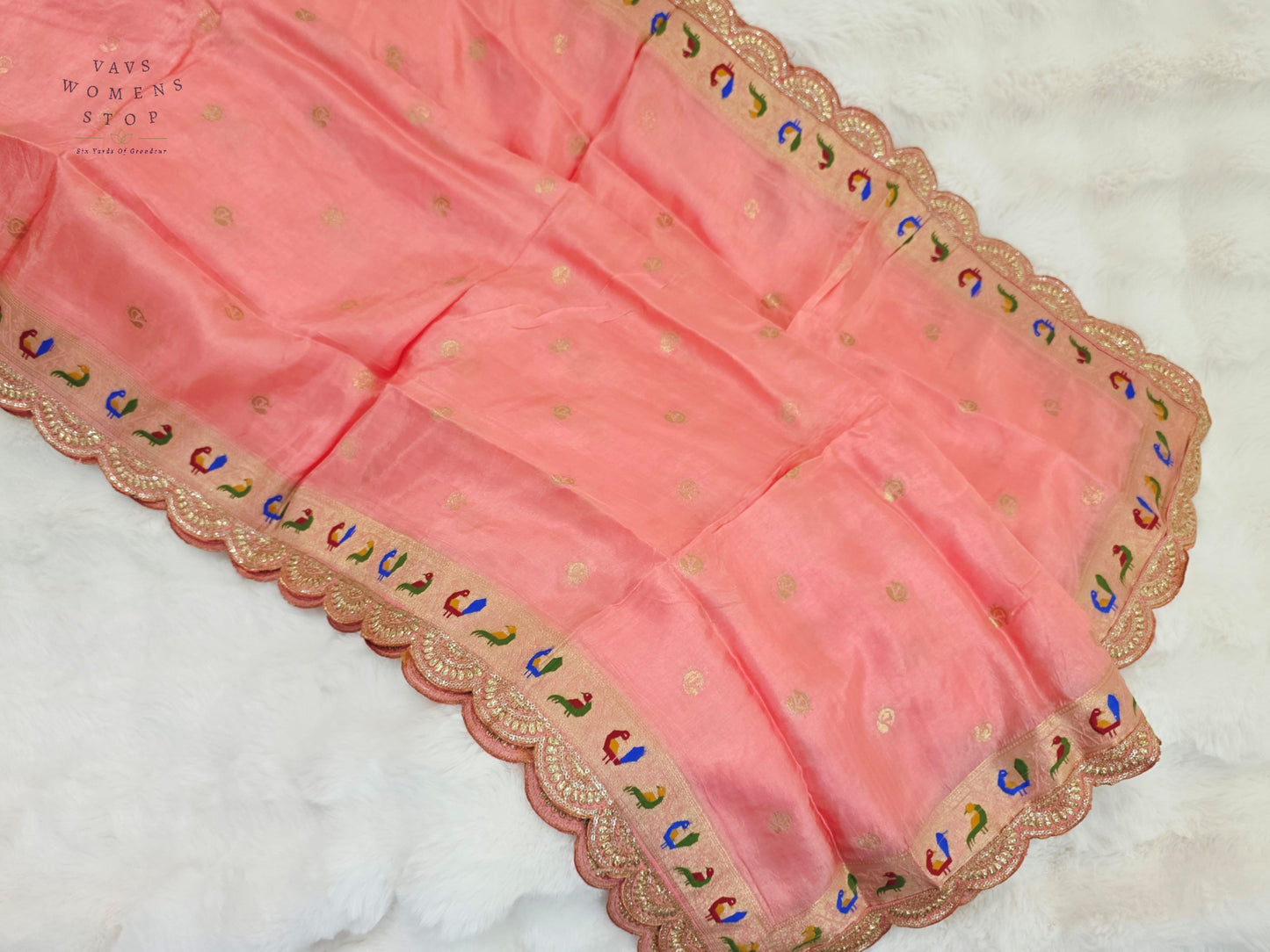 Royal Blush Peach Munga Benarasi Silk Dupatta with Paithani Bird Border & Designer Cutwork Lace | Premium Ethnic Dupatta