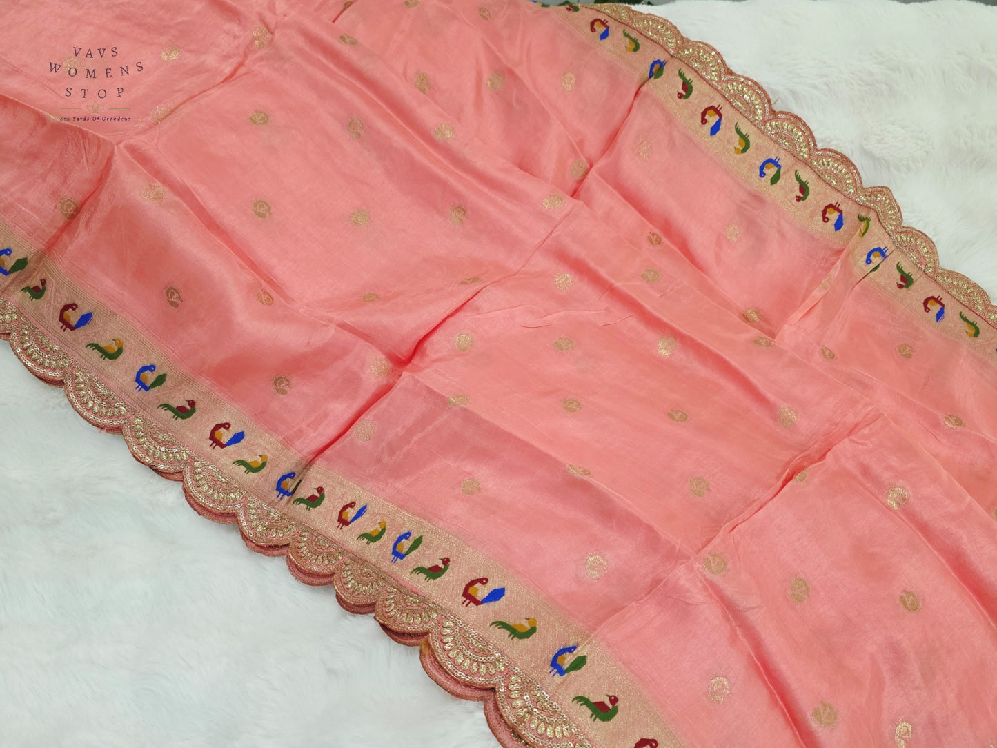 Royal Blush Peach Munga Benarasi Silk Dupatta with Paithani Bird Border & Designer Cutwork Lace | Premium Ethnic Dupatta