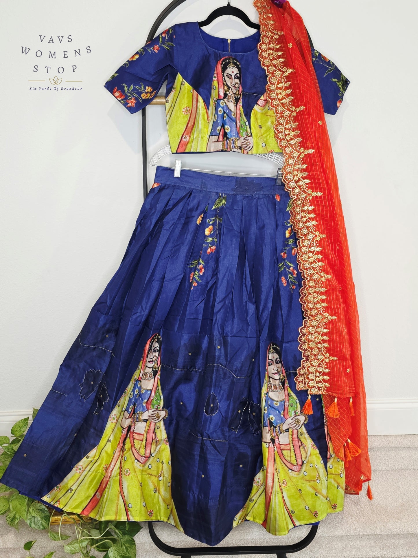 Royal Sapphire Blue Designer Tussar Silk Cotton Lehenga Set with Vermilion Orange Embroidered Dupatta | Size 34-40