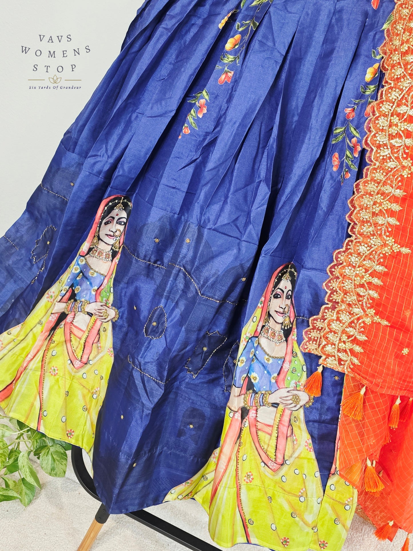 Royal Sapphire Blue Designer Tussar Silk Cotton Lehenga Set with Vermilion Orange Embroidered Dupatta | Size 34-40