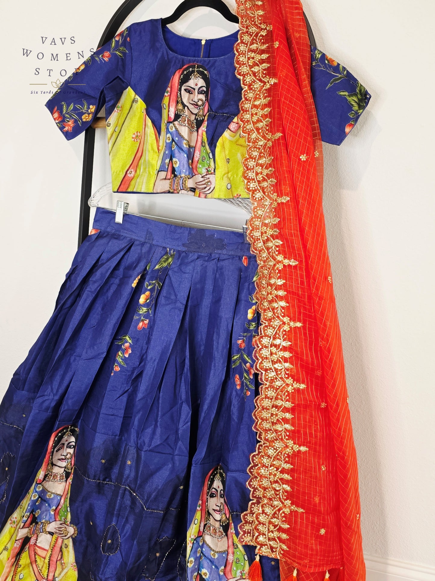 Royal Sapphire Blue Designer Tussar Silk Cotton Lehenga Set with Vermilion Orange Embroidered Dupatta | Size 34-40