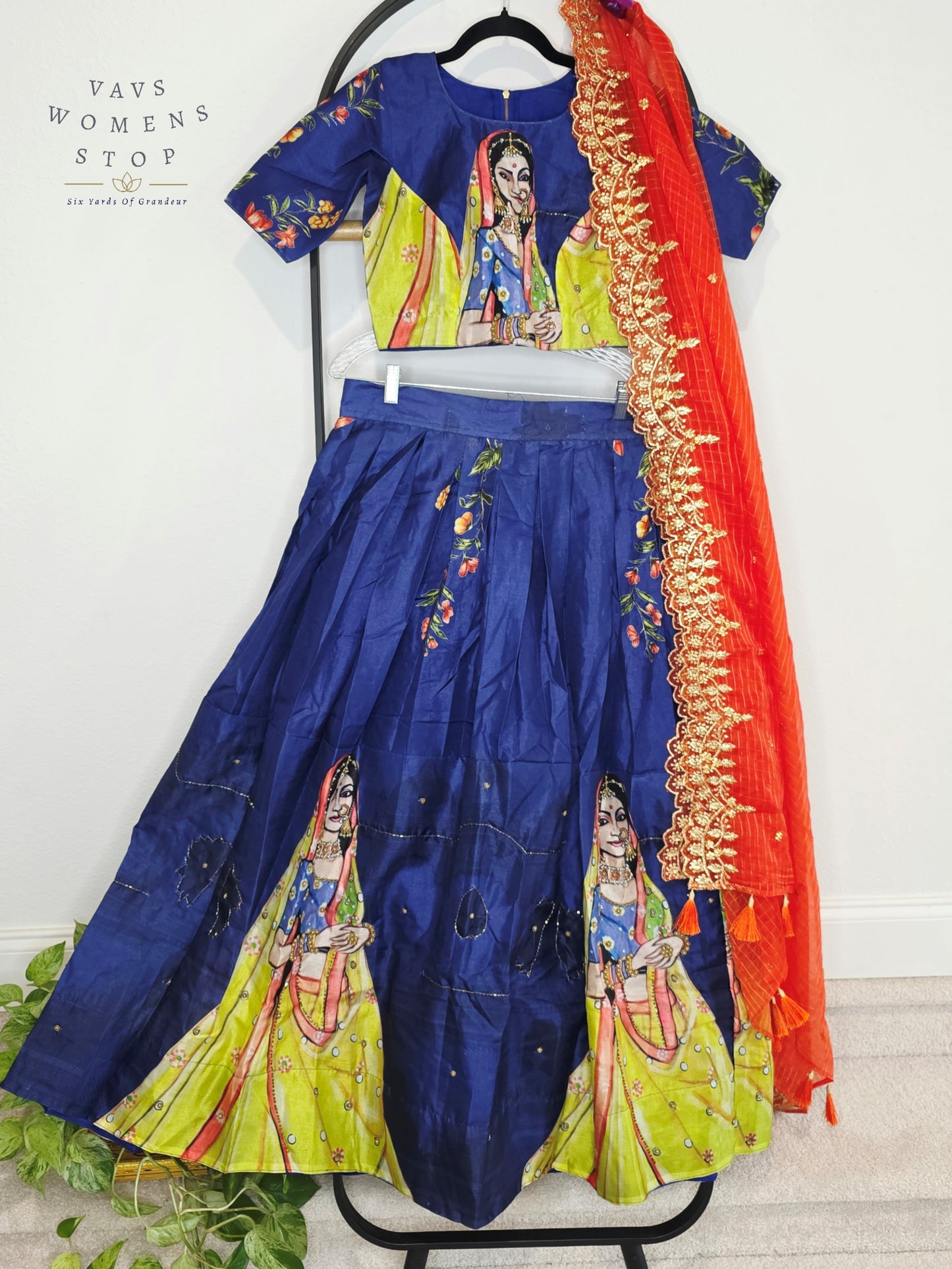 Royal Sapphire Blue Designer Tussar Silk Cotton Lehenga Set with Vermilion Orange Embroidered Dupatta | Size 34-40