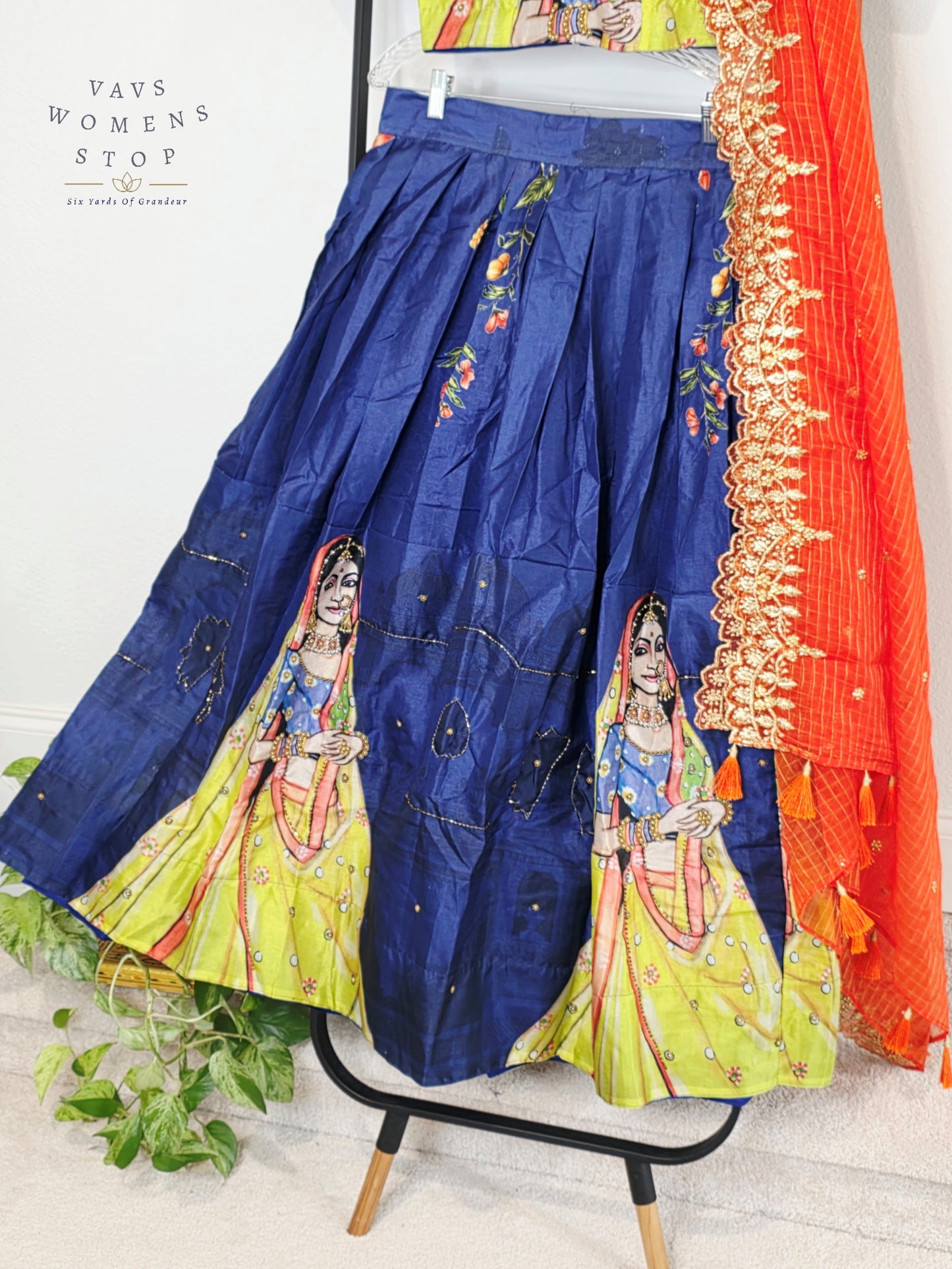 Royal Sapphire Blue Designer Tussar Silk Cotton Lehenga Set with Vermilion Orange Embroidered Dupatta | Size 34-40