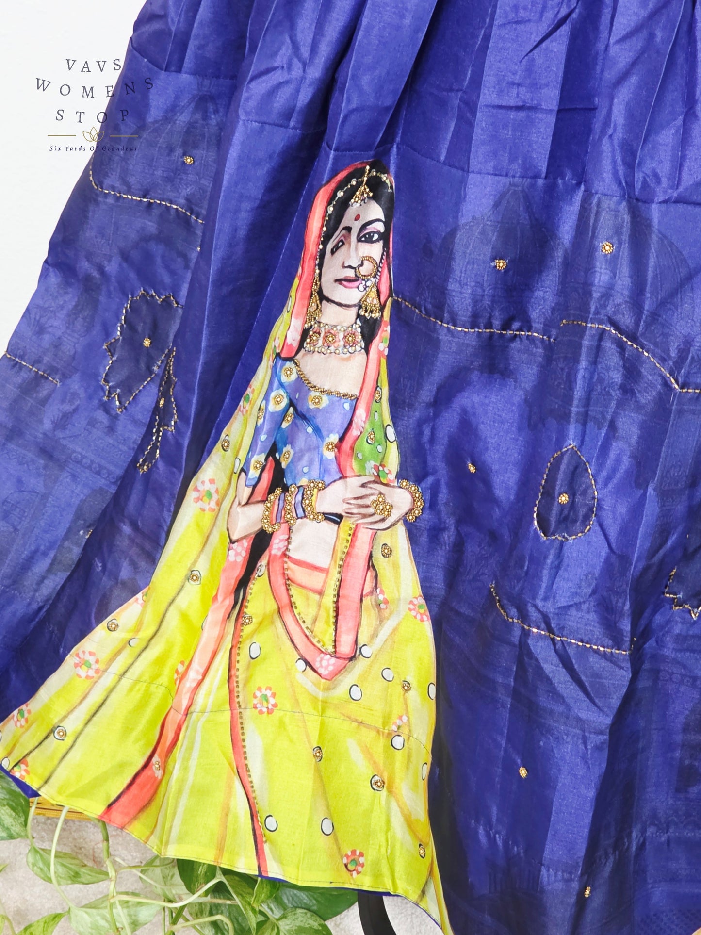 Royal Sapphire Blue Designer Tussar Silk Cotton Lehenga Set with Vermilion Orange Embroidered Dupatta | Size 34-40
