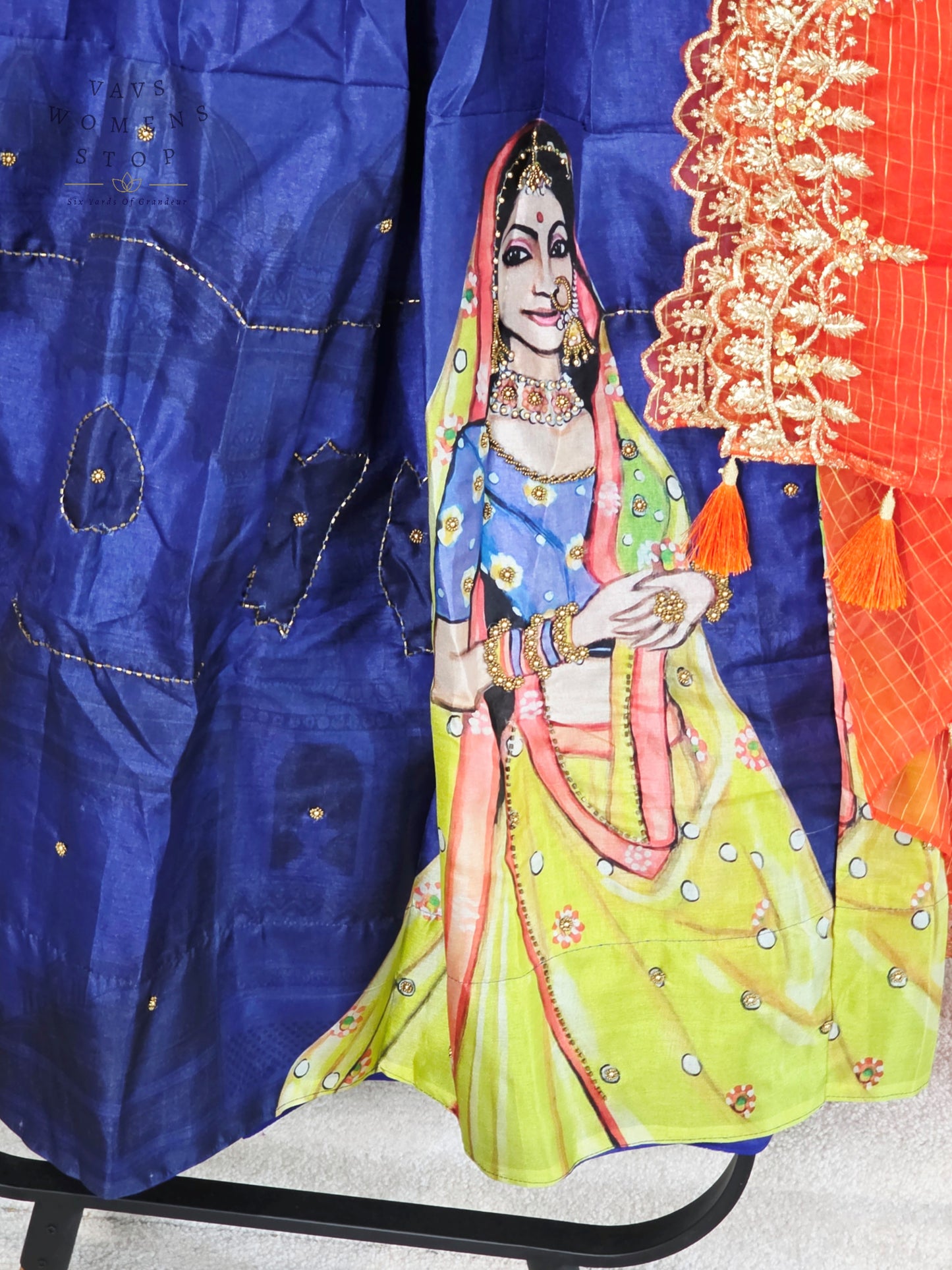 Royal Sapphire Blue Designer Tussar Silk Cotton Lehenga Set with Vermilion Orange Embroidered Dupatta | Size 34-40