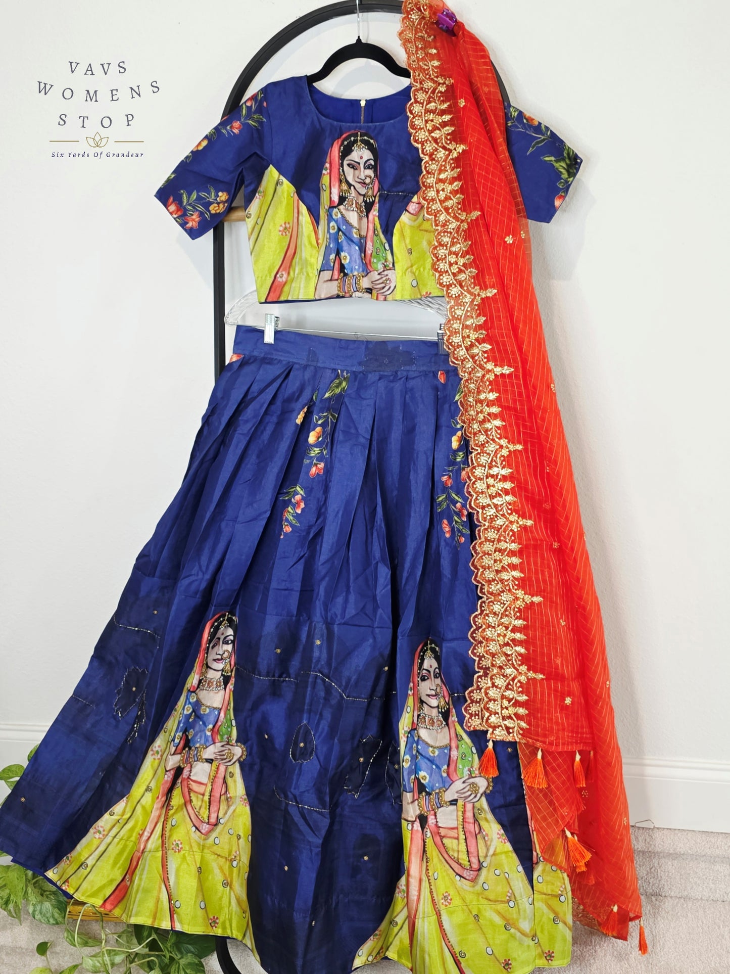Royal Sapphire Blue Designer Tussar Silk Cotton Lehenga Set with Vermilion Orange Embroidered Dupatta | Size 34-40