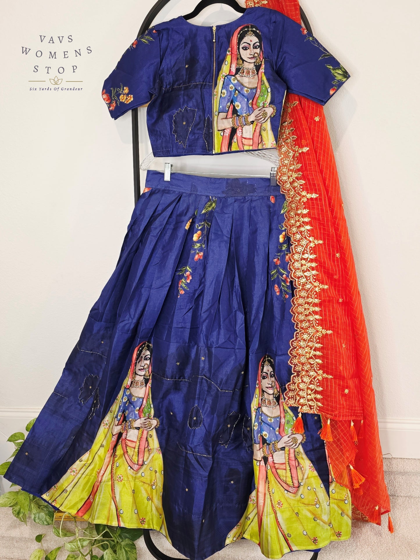 Royal Sapphire Blue Designer Tussar Silk Cotton Lehenga Set with Vermilion Orange Embroidered Dupatta | Size 34-40