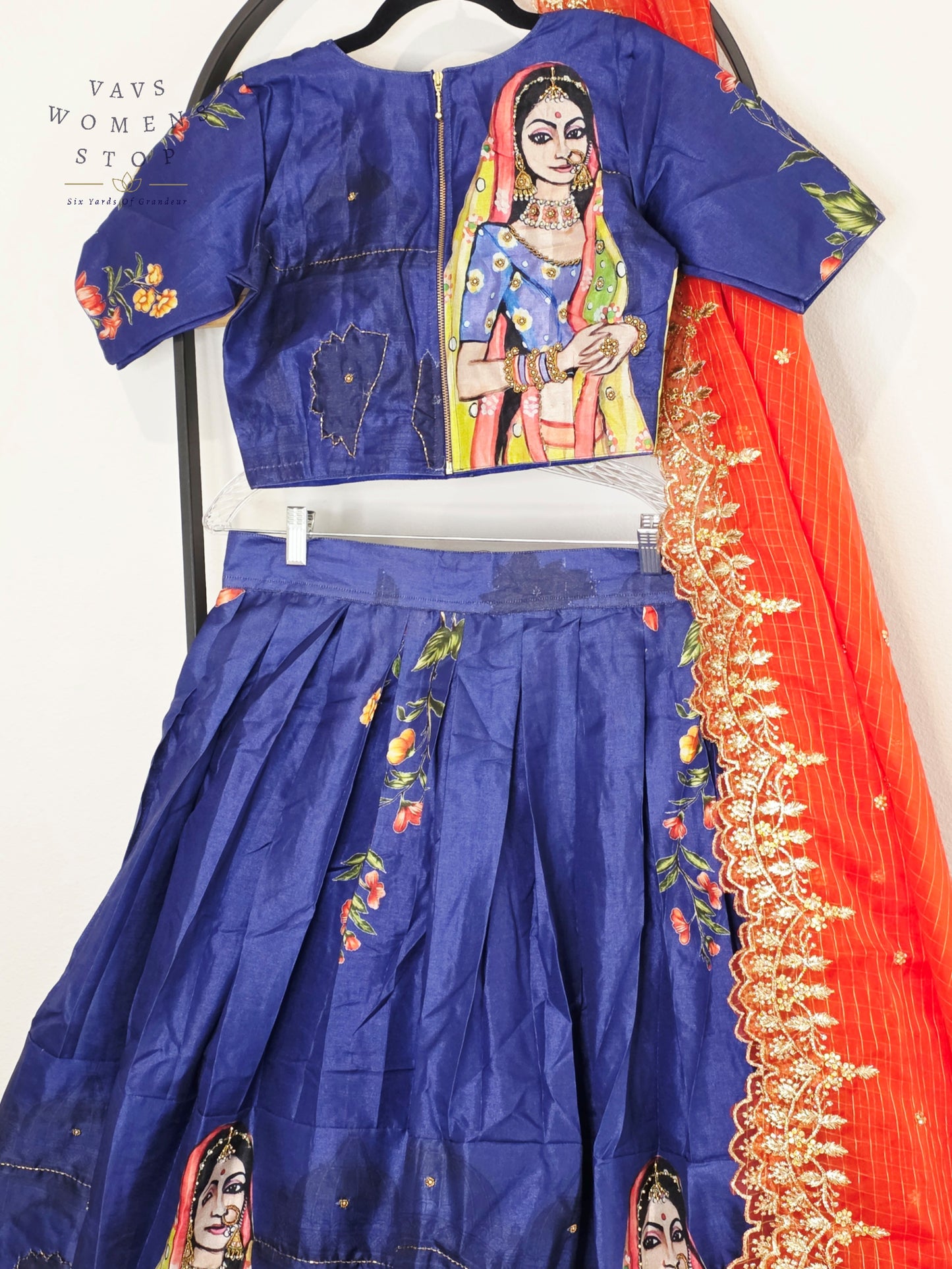 Royal Sapphire Blue Designer Tussar Silk Cotton Lehenga Set with Vermilion Orange Embroidered Dupatta | Size 34-40