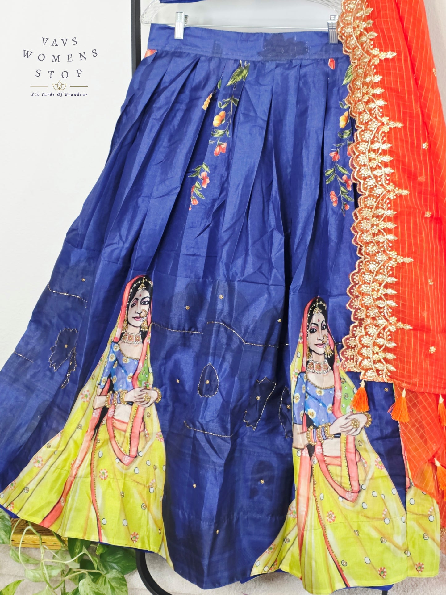 Royal Sapphire Blue Designer Tussar Silk Cotton Lehenga Set with Vermilion Orange Embroidered Dupatta | Size 34-40