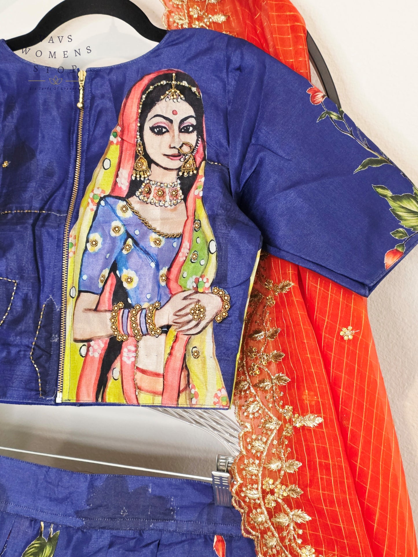 Royal Sapphire Blue Designer Tussar Silk Cotton Lehenga Set with Vermilion Orange Embroidered Dupatta | Size 34-40