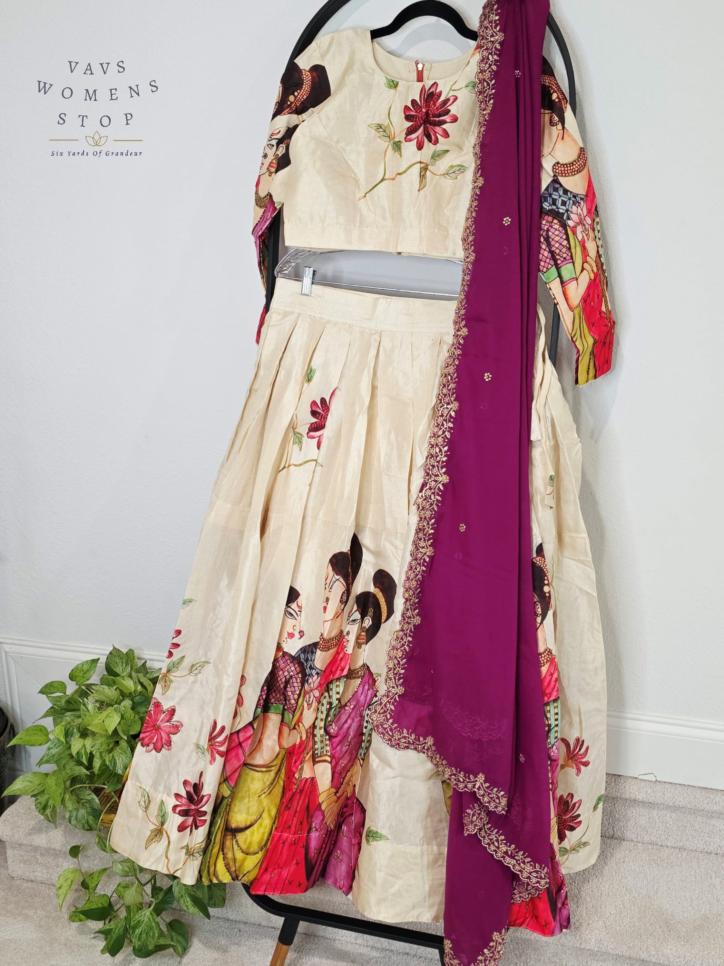 Royal Ivory Pearl Designer Tussar Silk Cotton Lehenga Set with Regal Orchid Purple Embroidered Dupatta | Size 38-44