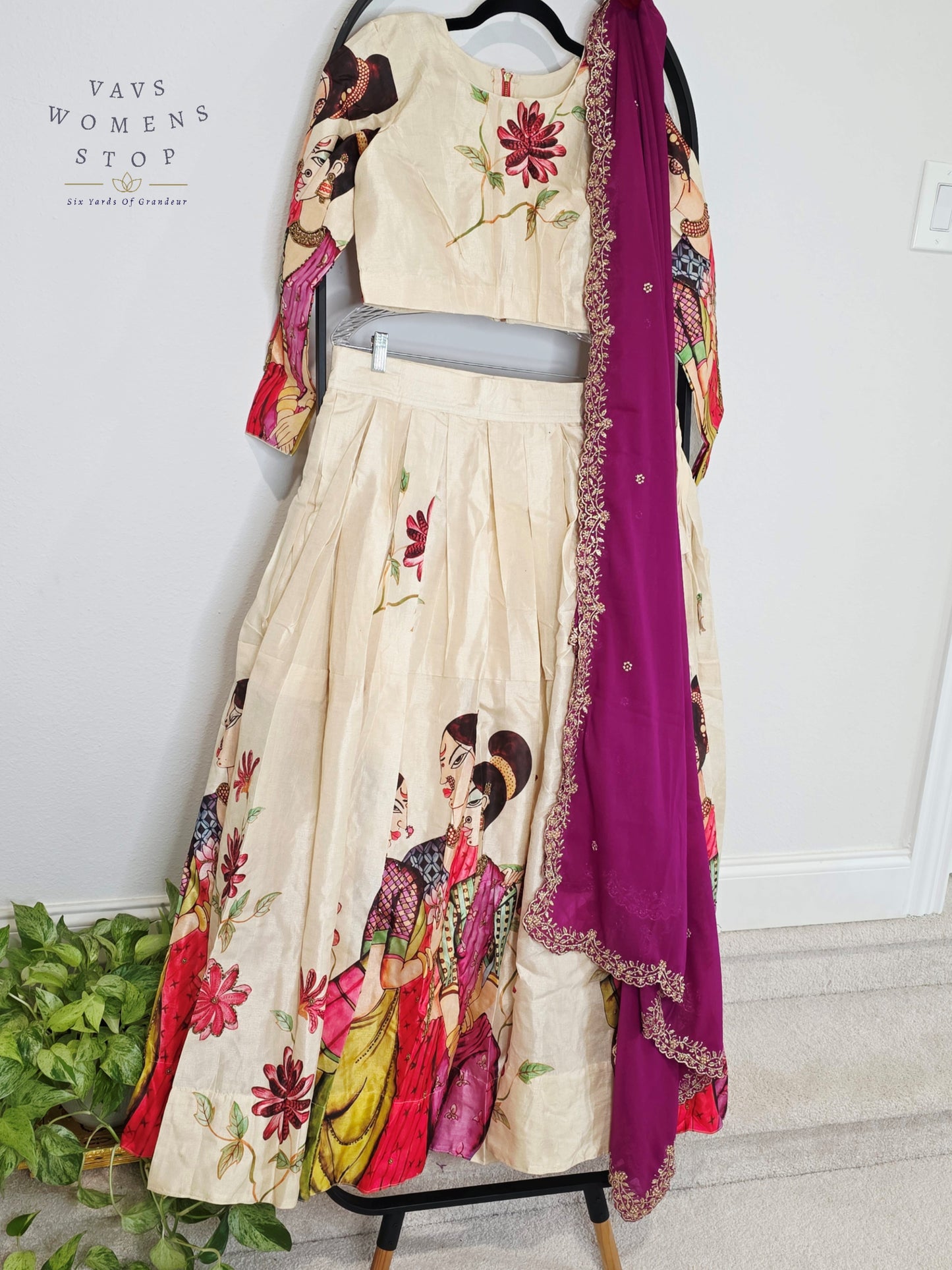Royal Ivory Pearl Designer Tussar Silk Cotton Lehenga Set with Regal Orchid Purple Embroidered Dupatta | Size 38-44