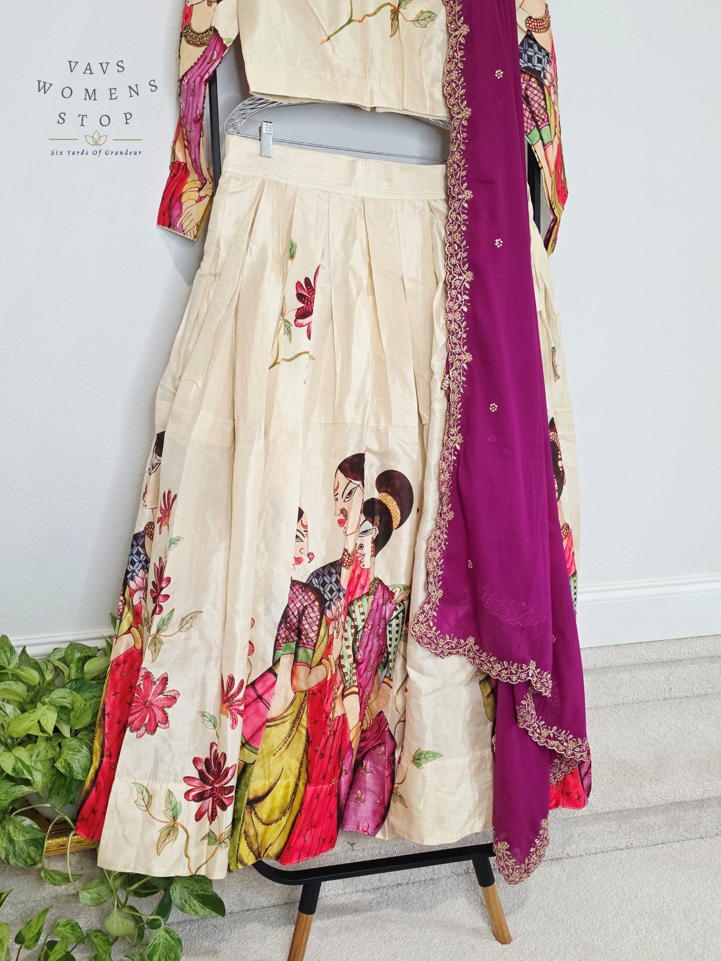 Royal Ivory Pearl Designer Tussar Silk Cotton Lehenga Set with Regal Orchid Purple Embroidered Dupatta | Size 38-44