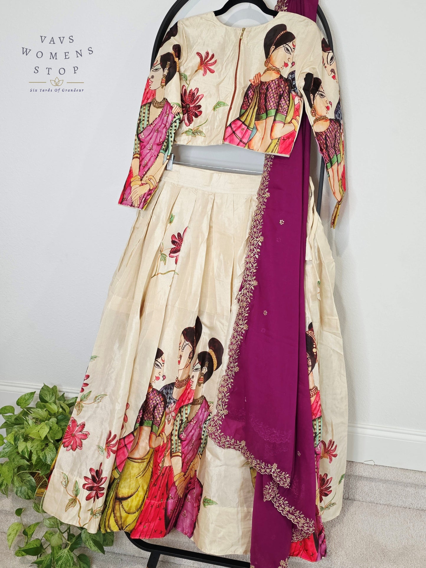 Royal Ivory Pearl Designer Tussar Silk Cotton Lehenga Set with Regal Orchid Purple Embroidered Dupatta | Size 38-44