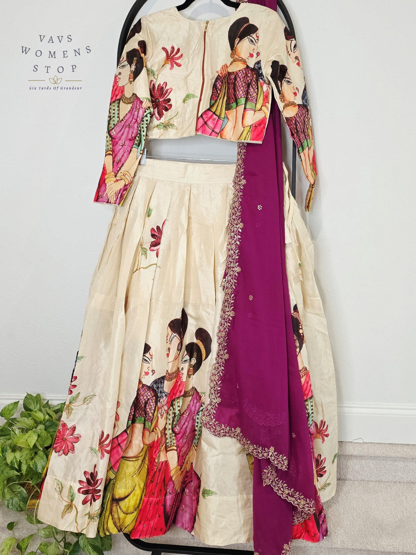 Royal Ivory Pearl Designer Tussar Silk Cotton Lehenga Set with Regal Orchid Purple Embroidered Dupatta | Size 38-44