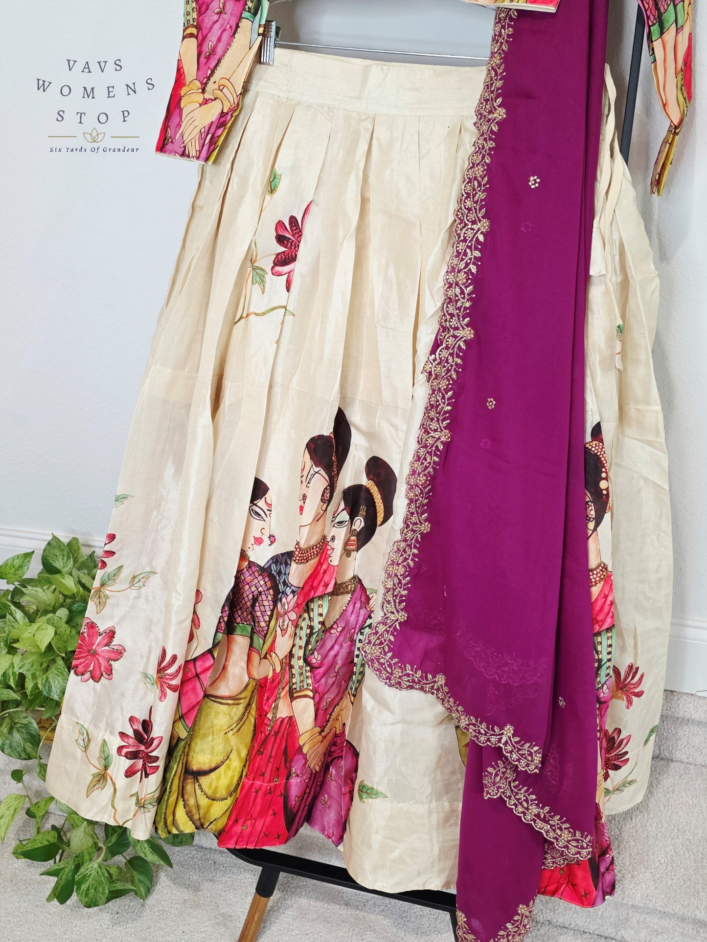 Royal Ivory Pearl Designer Tussar Silk Cotton Lehenga Set with Regal Orchid Purple Embroidered Dupatta | Size 38-44