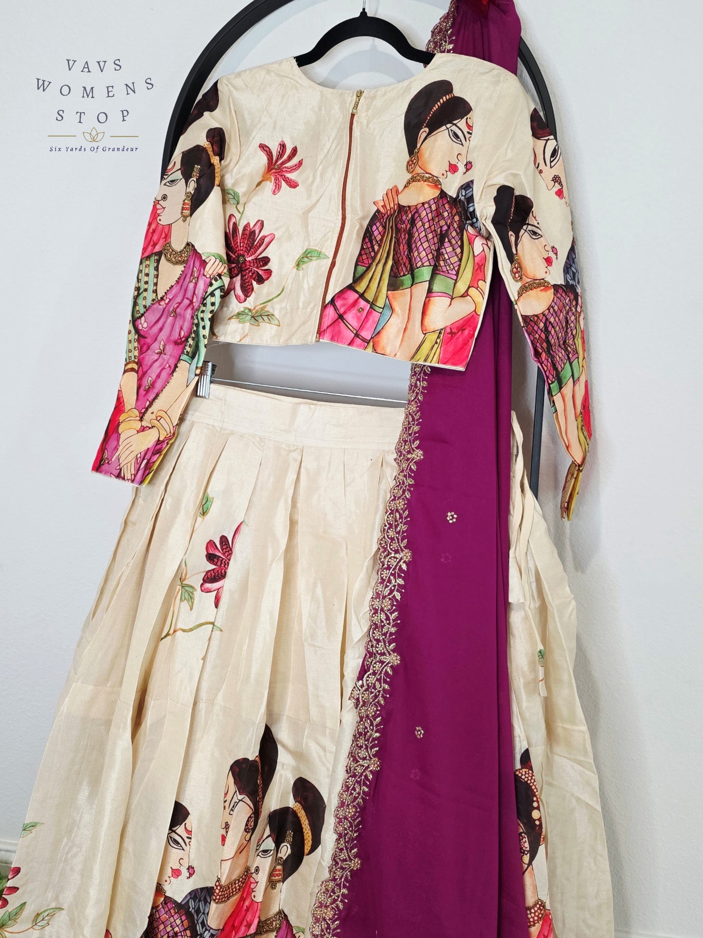 Royal Ivory Pearl Designer Tussar Silk Cotton Lehenga Set with Regal Orchid Purple Embroidered Dupatta | Size 38-44