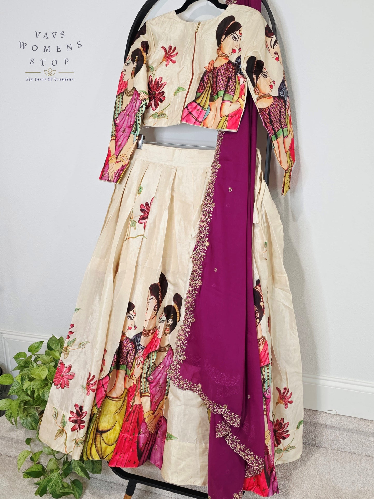 Royal Ivory Pearl Designer Tussar Silk Cotton Lehenga Set with Regal Orchid Purple Embroidered Dupatta | Size 38-44