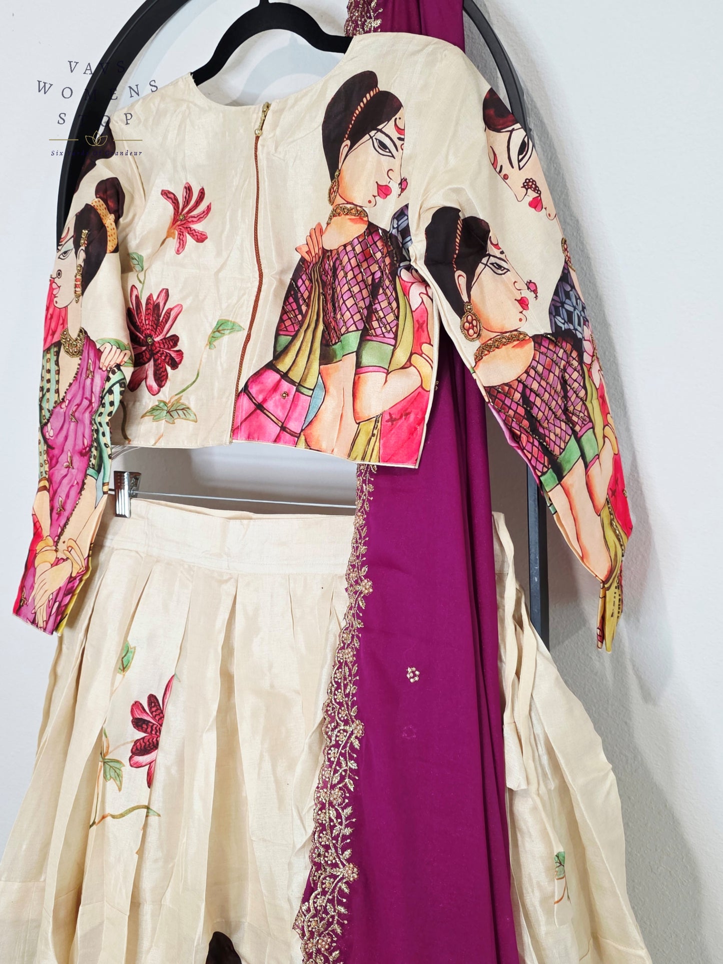 Royal Ivory Pearl Designer Tussar Silk Cotton Lehenga Set with Regal Orchid Purple Embroidered Dupatta | Size 38-44