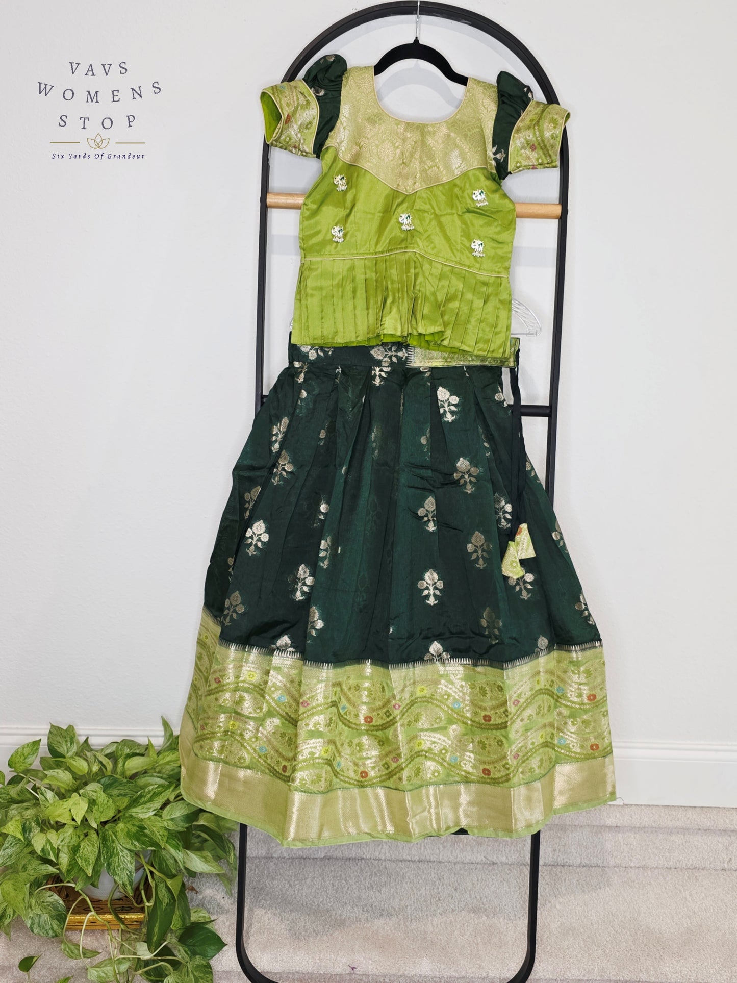 Royal Mango Lime & Emerald Forest Banarasi Silk Pavadai Lehenga Set for Girls | Age 7-8