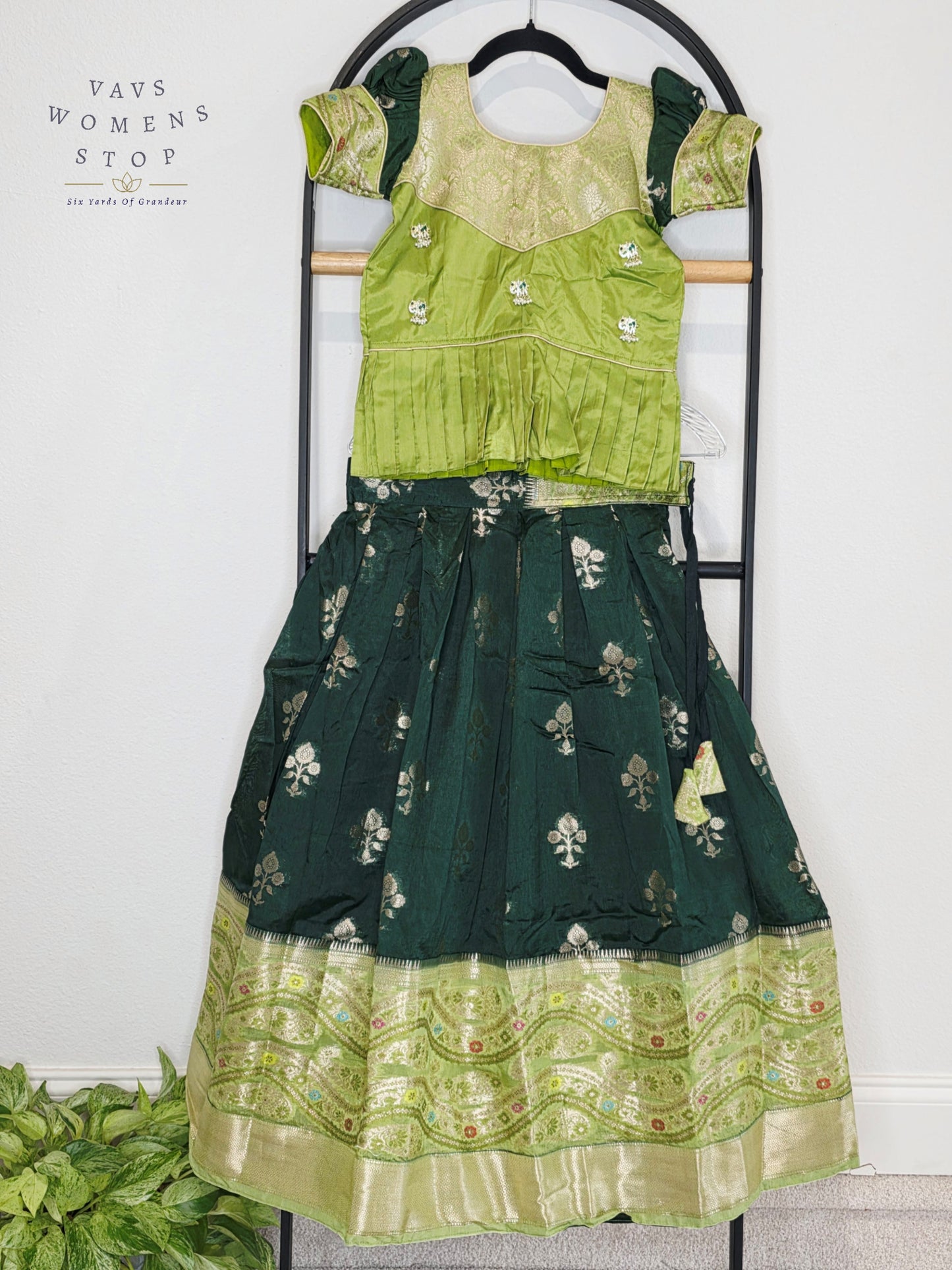 Royal Mango Lime & Emerald Forest Banarasi Silk Pavadai Lehenga Set for Girls | Age 7-8
