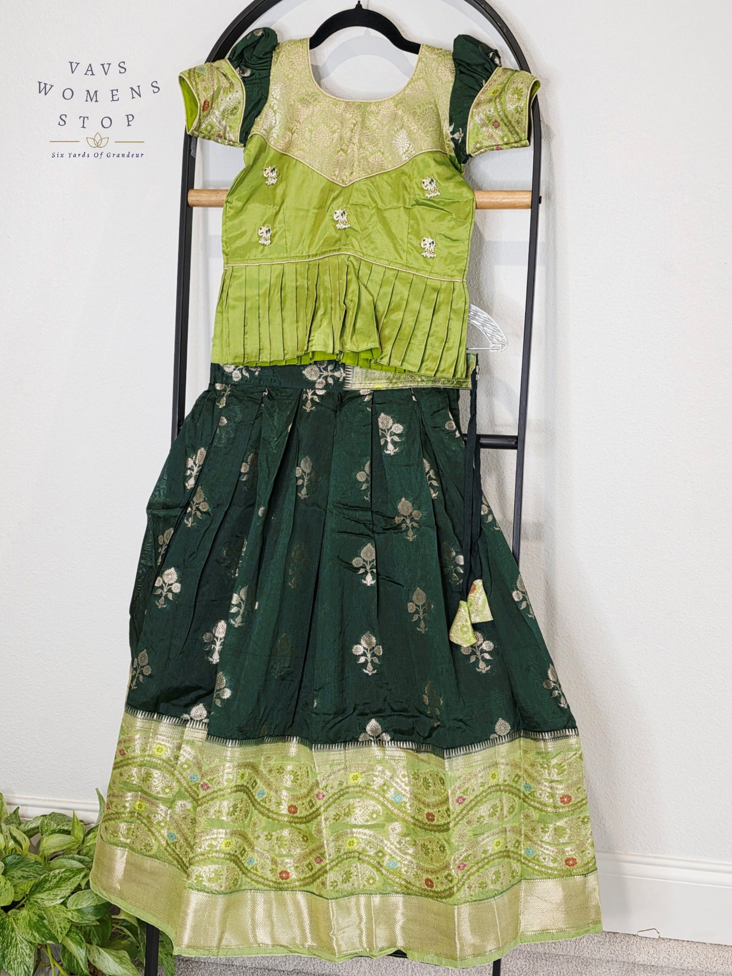 Royal Mango Lime & Emerald Forest Banarasi Silk Pavadai Lehenga Set for Girls | Age 7-8