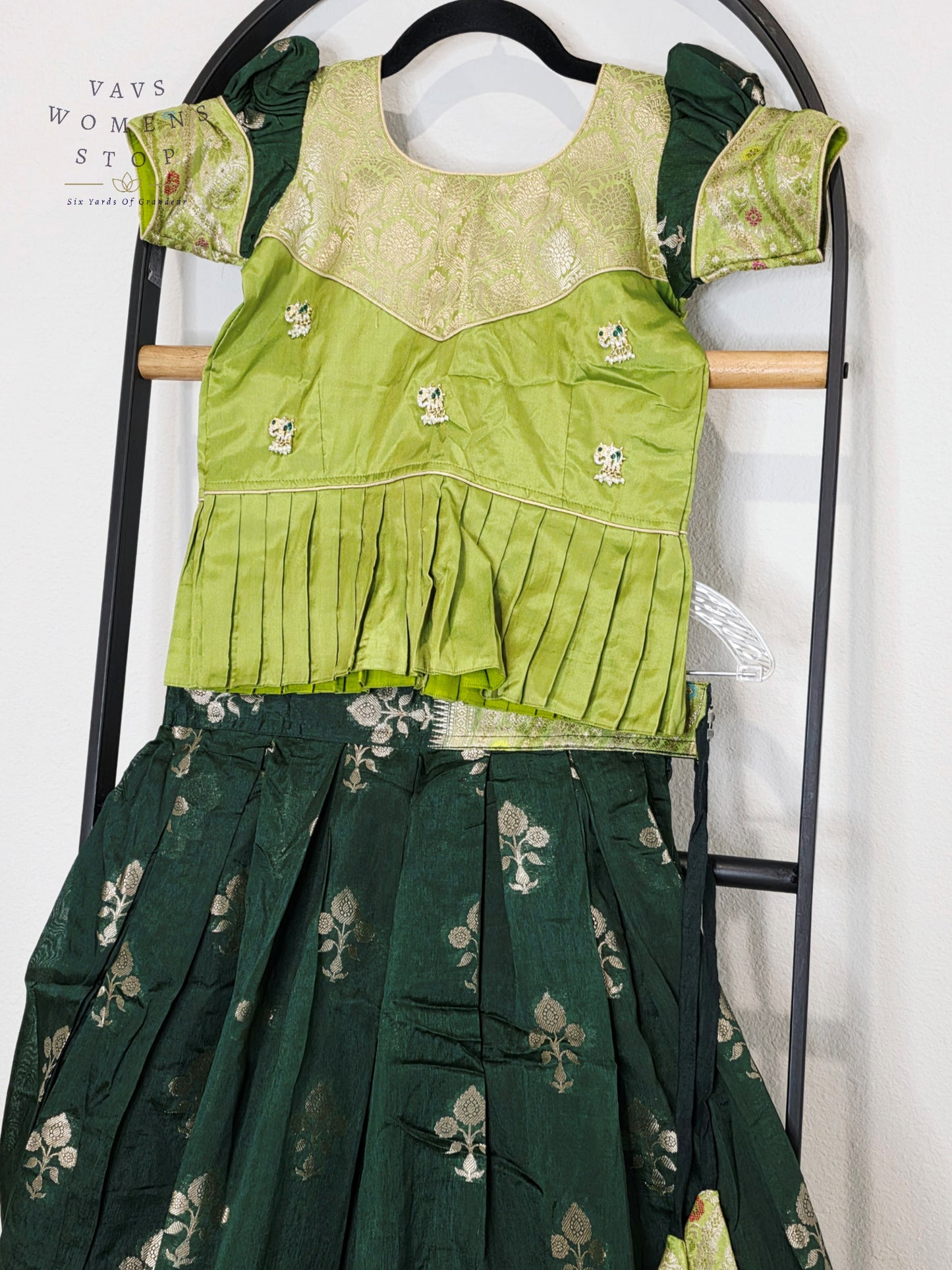 Royal Mango Lime & Emerald Forest Banarasi Silk Pavadai Lehenga Set for Girls | Age 7-8