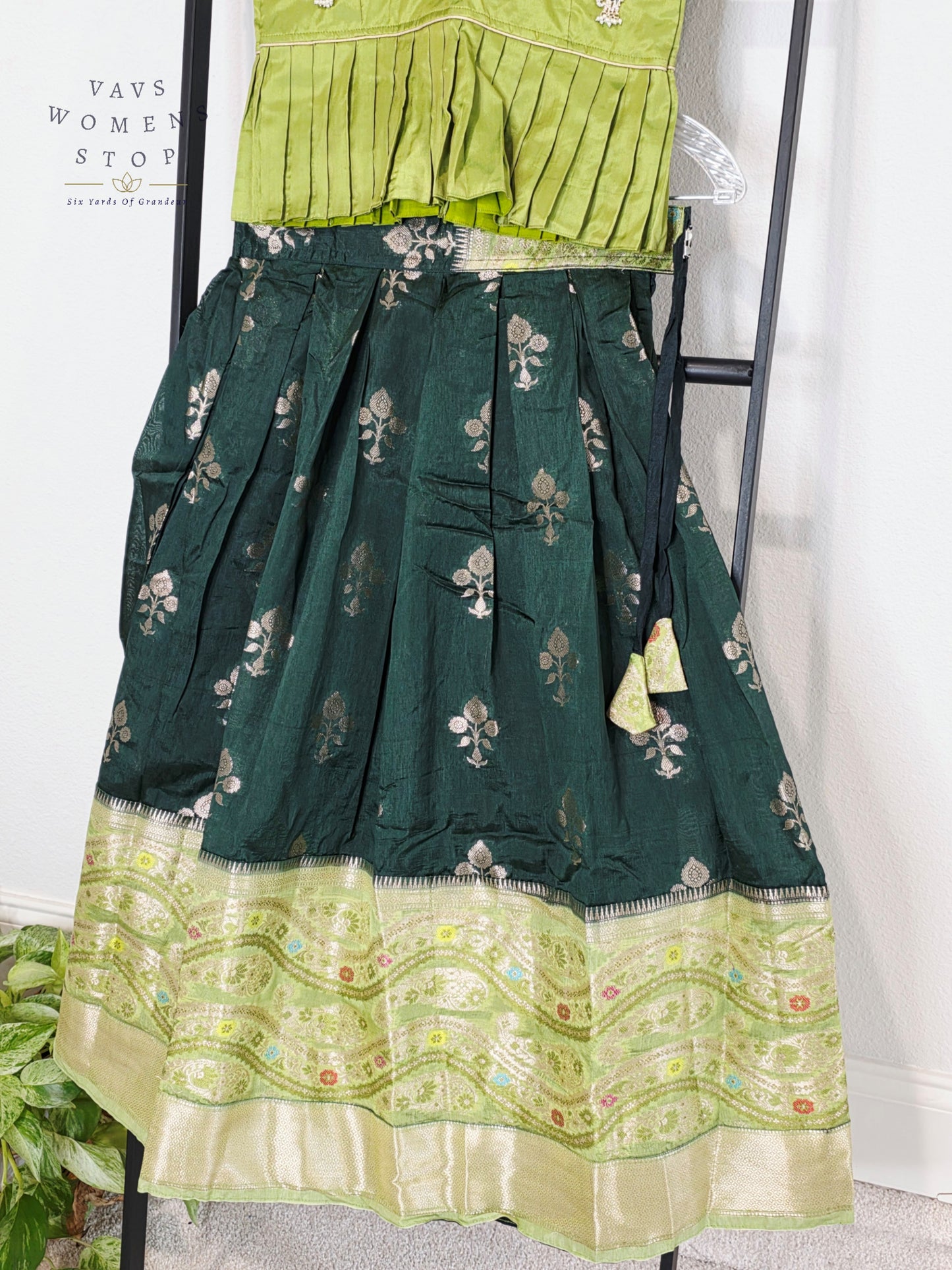 Royal Mango Lime & Emerald Forest Banarasi Silk Pavadai Lehenga Set for Girls | Age 7-8