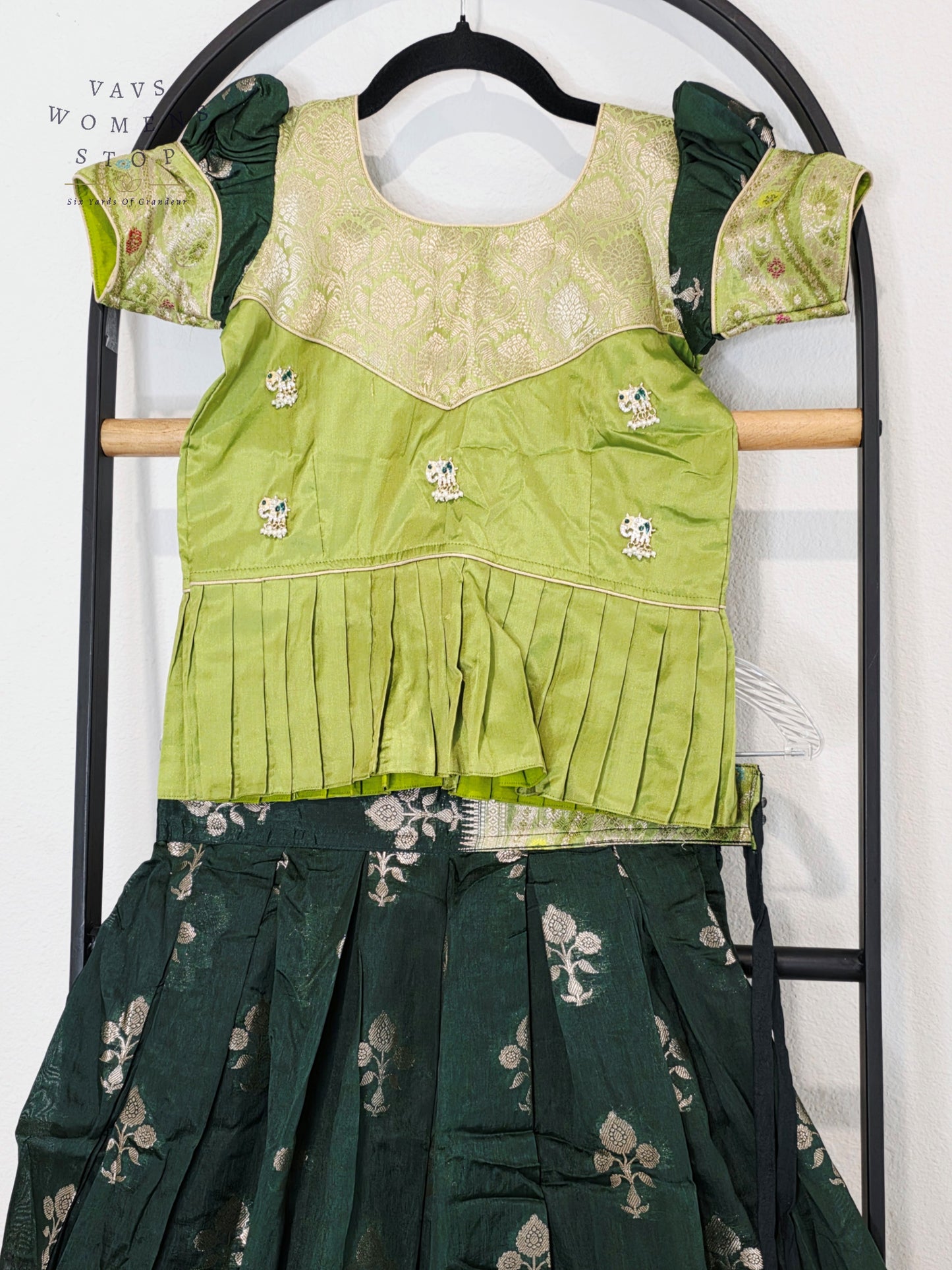 Royal Mango Lime & Emerald Forest Banarasi Silk Pavadai Lehenga Set for Girls | Age 7-8