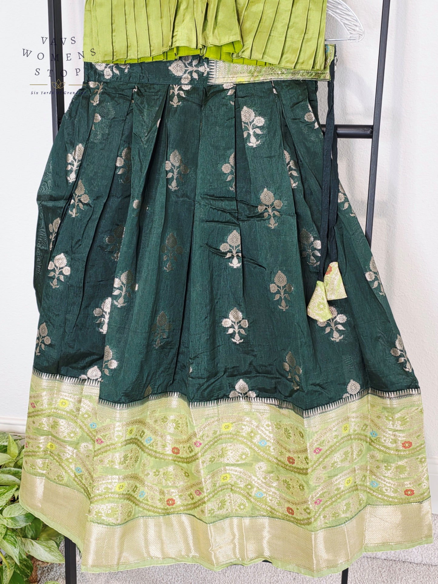 Royal Mango Lime & Emerald Forest Banarasi Silk Pavadai Lehenga Set for Girls | Age 7-8