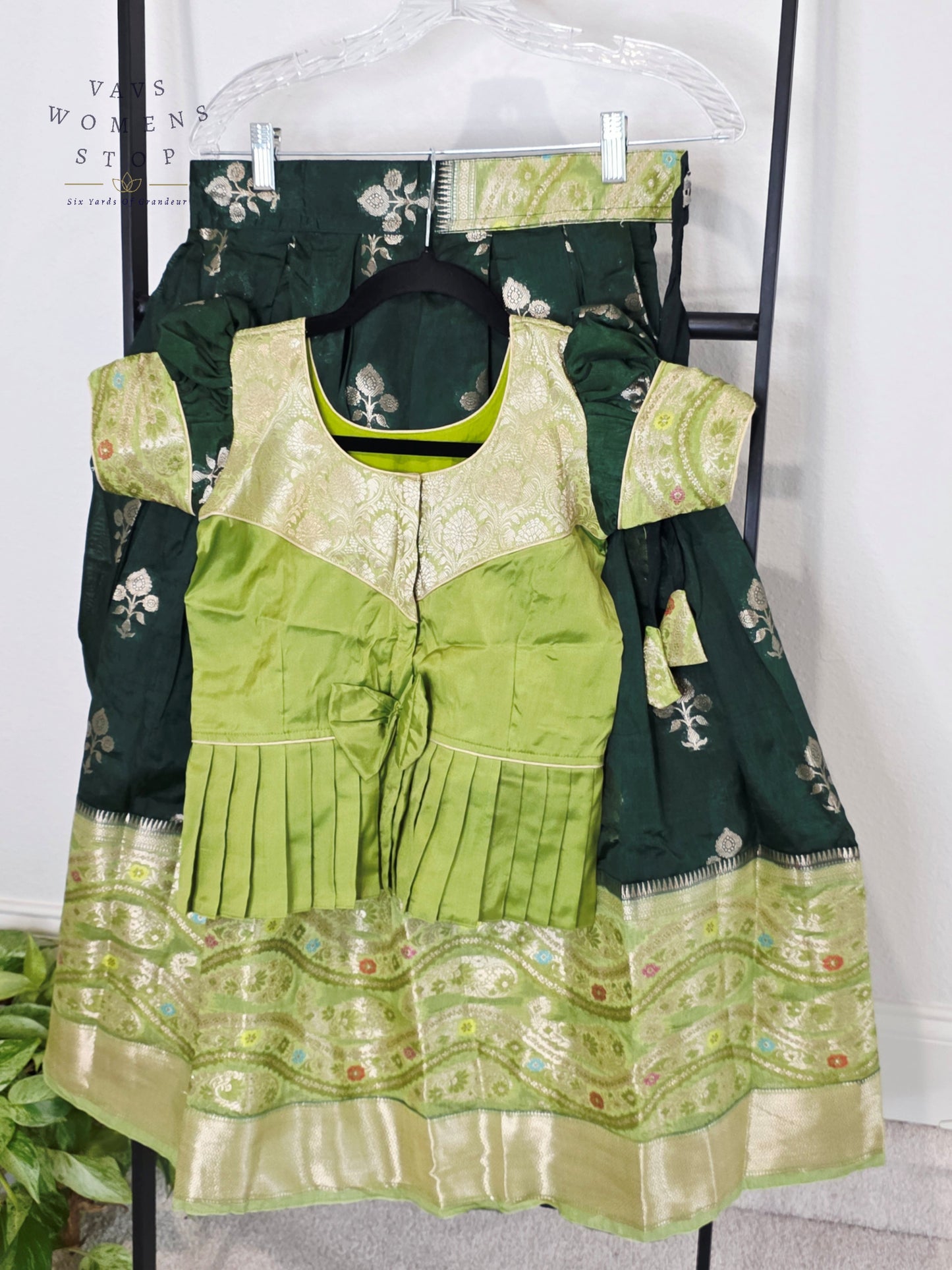 Royal Mango Lime & Emerald Forest Banarasi Silk Pavadai Lehenga Set for Girls | Age 7-8