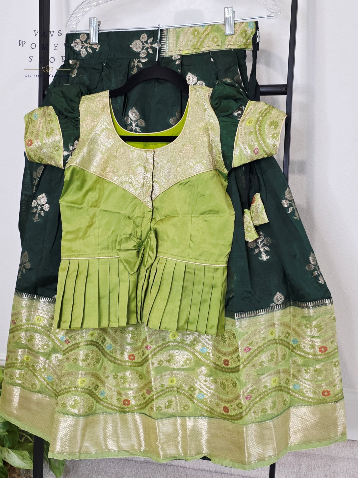 Royal Mango Lime & Emerald Forest Banarasi Silk Pavadai Lehenga Set for Girls | Age 7-8