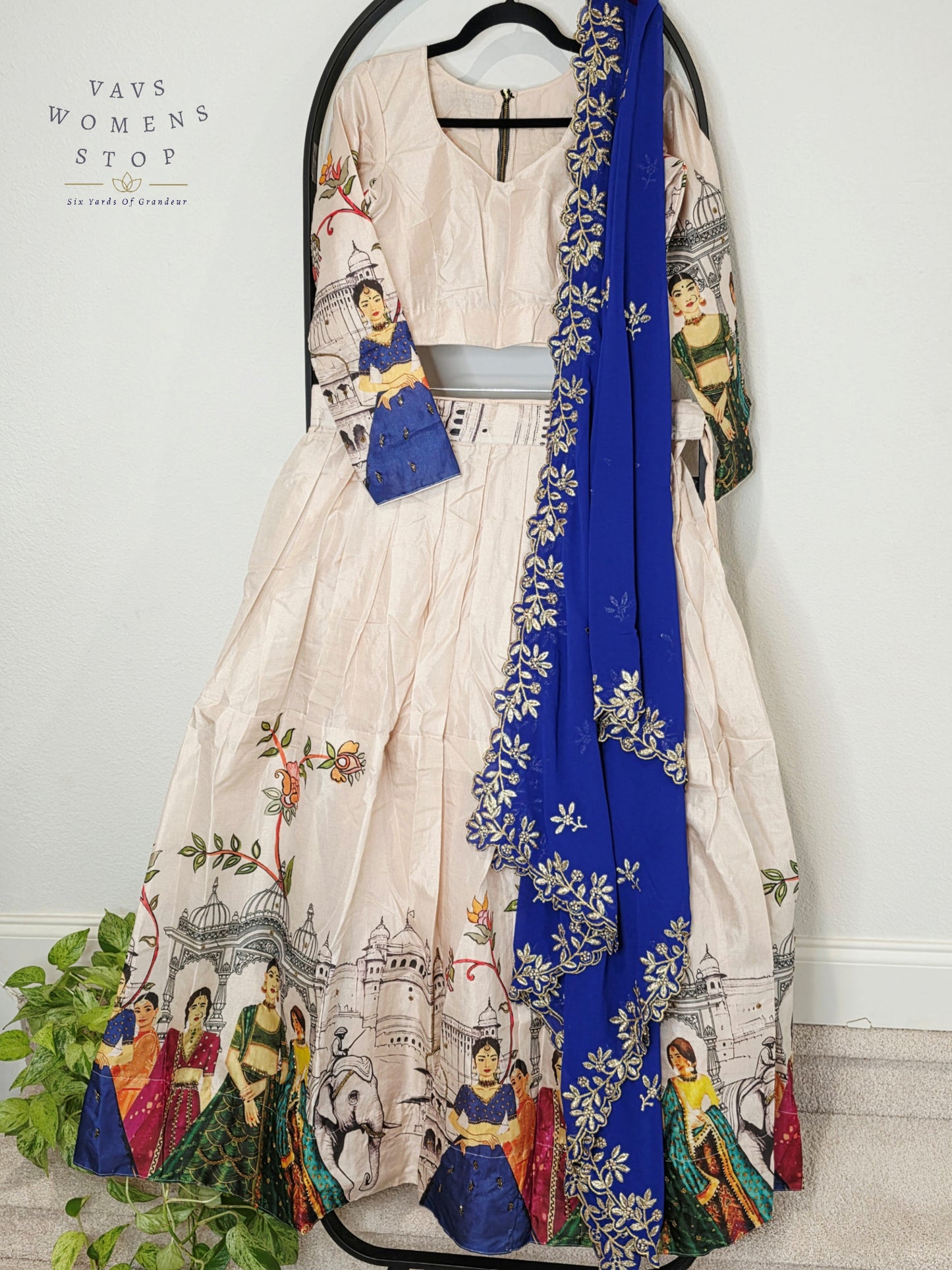 Royal Ivory Pearl Designer Tussar Silk Cotton Lehenga Set with Royal Sapphire Embroidered Dupatta