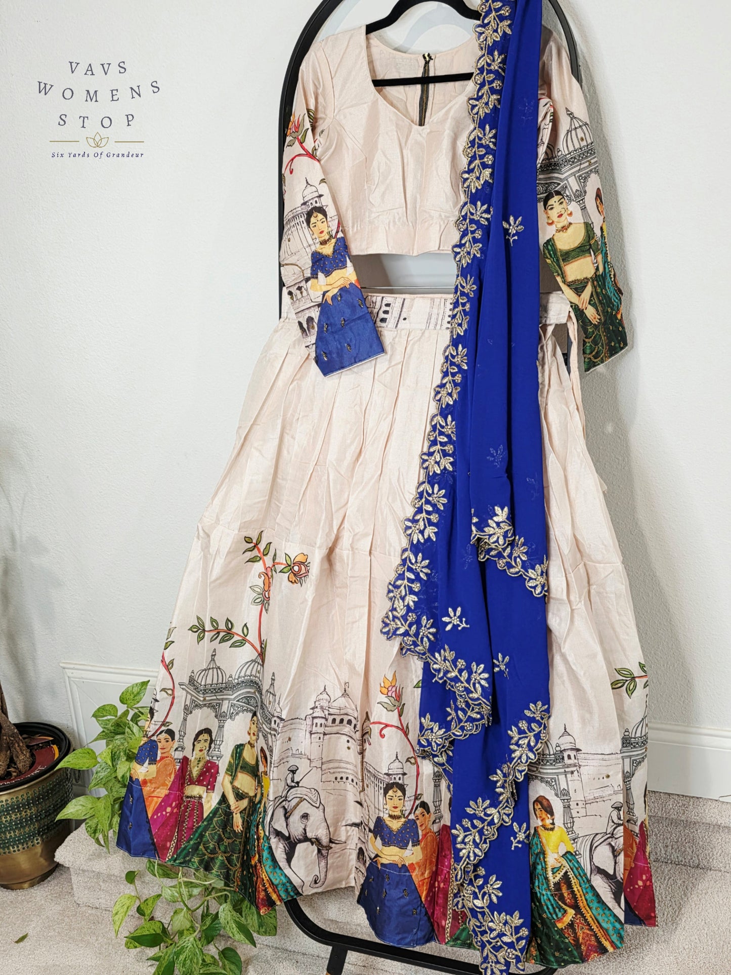 Royal Ivory Pearl Designer Tussar Silk Cotton Lehenga Set with Royal Sapphire Embroidered Dupatta