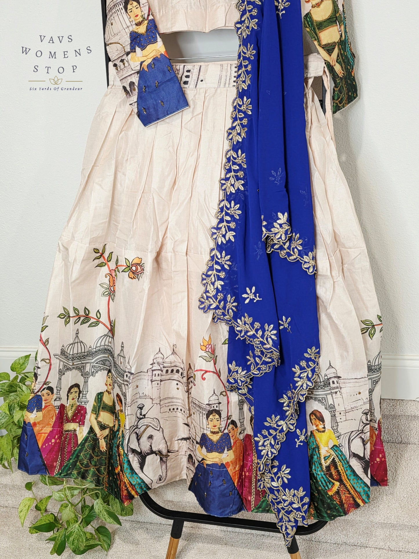 Royal Ivory Pearl Designer Tussar Silk Cotton Lehenga Set with Royal Sapphire Embroidered Dupatta