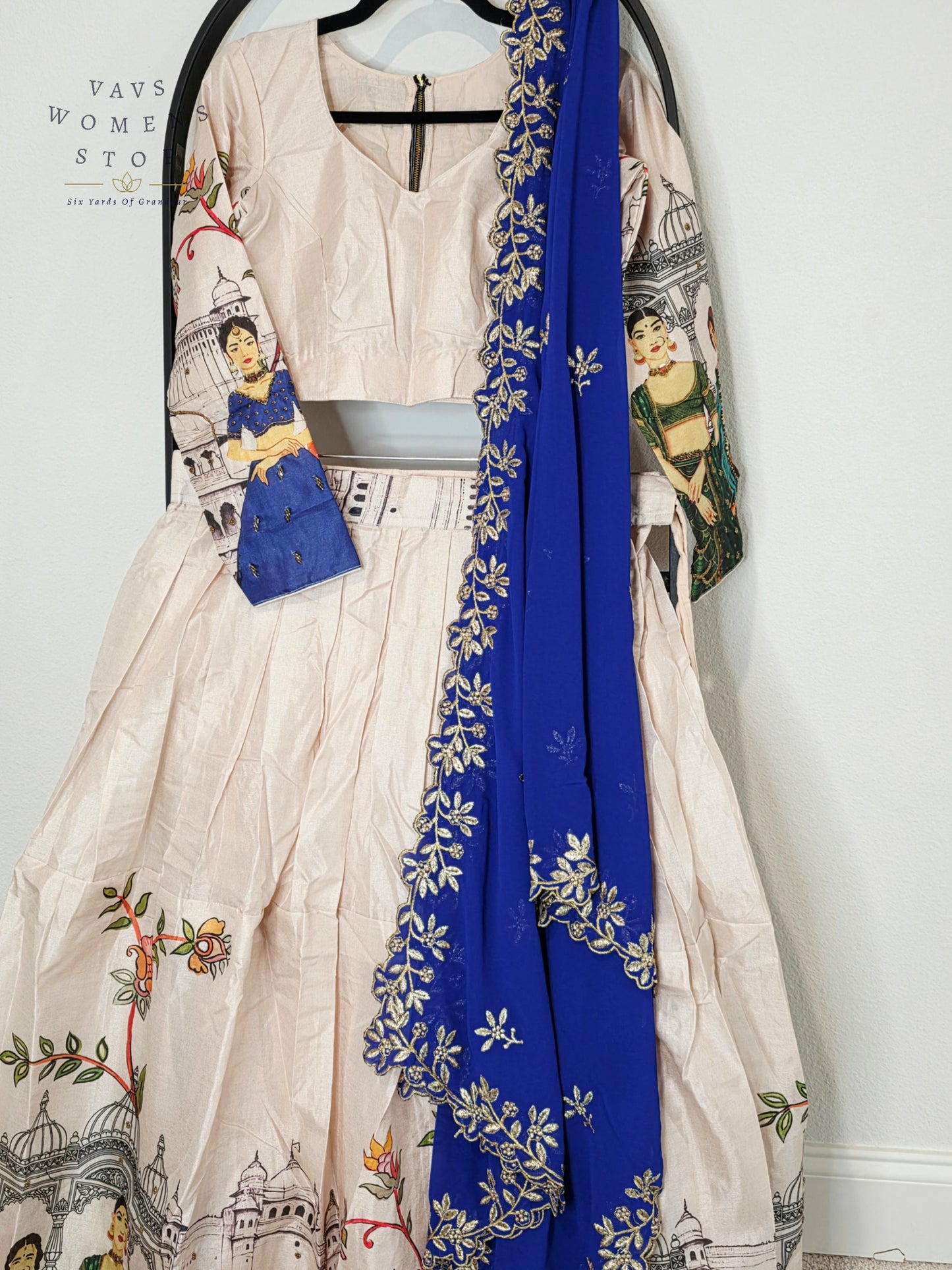 Royal Ivory Pearl Designer Tussar Silk Cotton Lehenga Set with Royal Sapphire Embroidered Dupatta