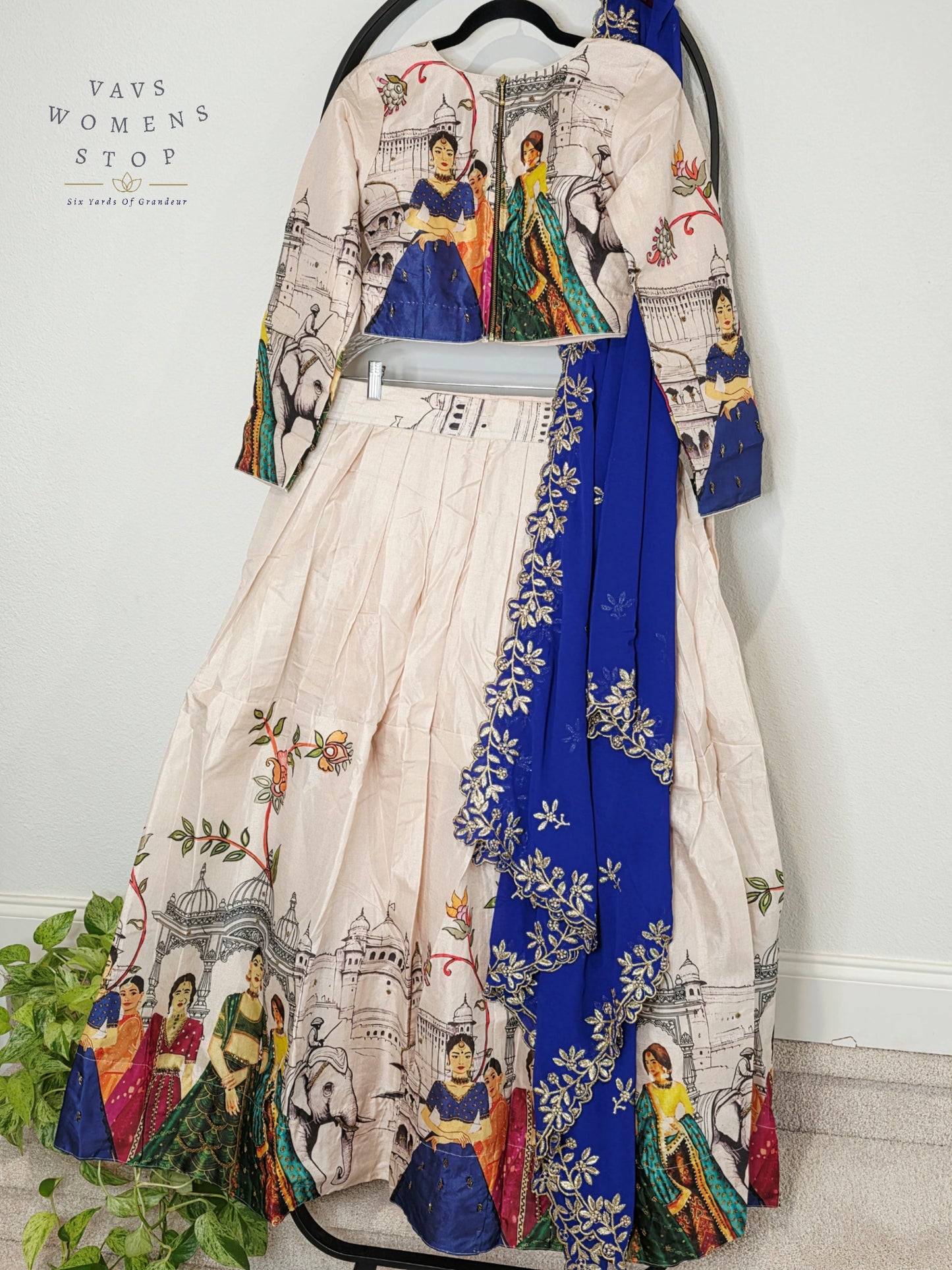 Royal Ivory Pearl Designer Tussar Silk Cotton Lehenga Set with Royal Sapphire Embroidered Dupatta